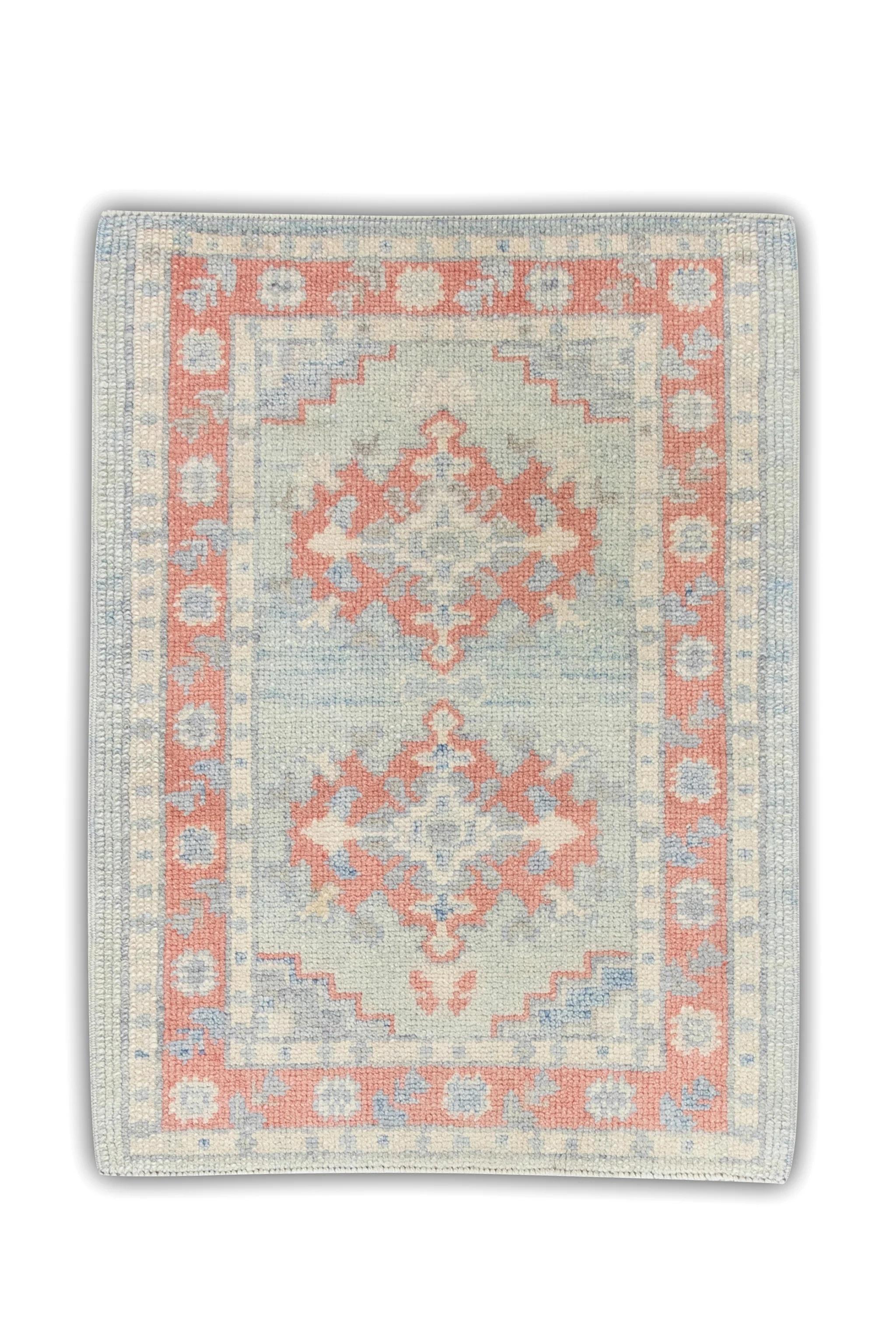 Contemporary Geometric Design Handwoven Wool Turkish Oushak Rug in Blue and Pink 2'4
