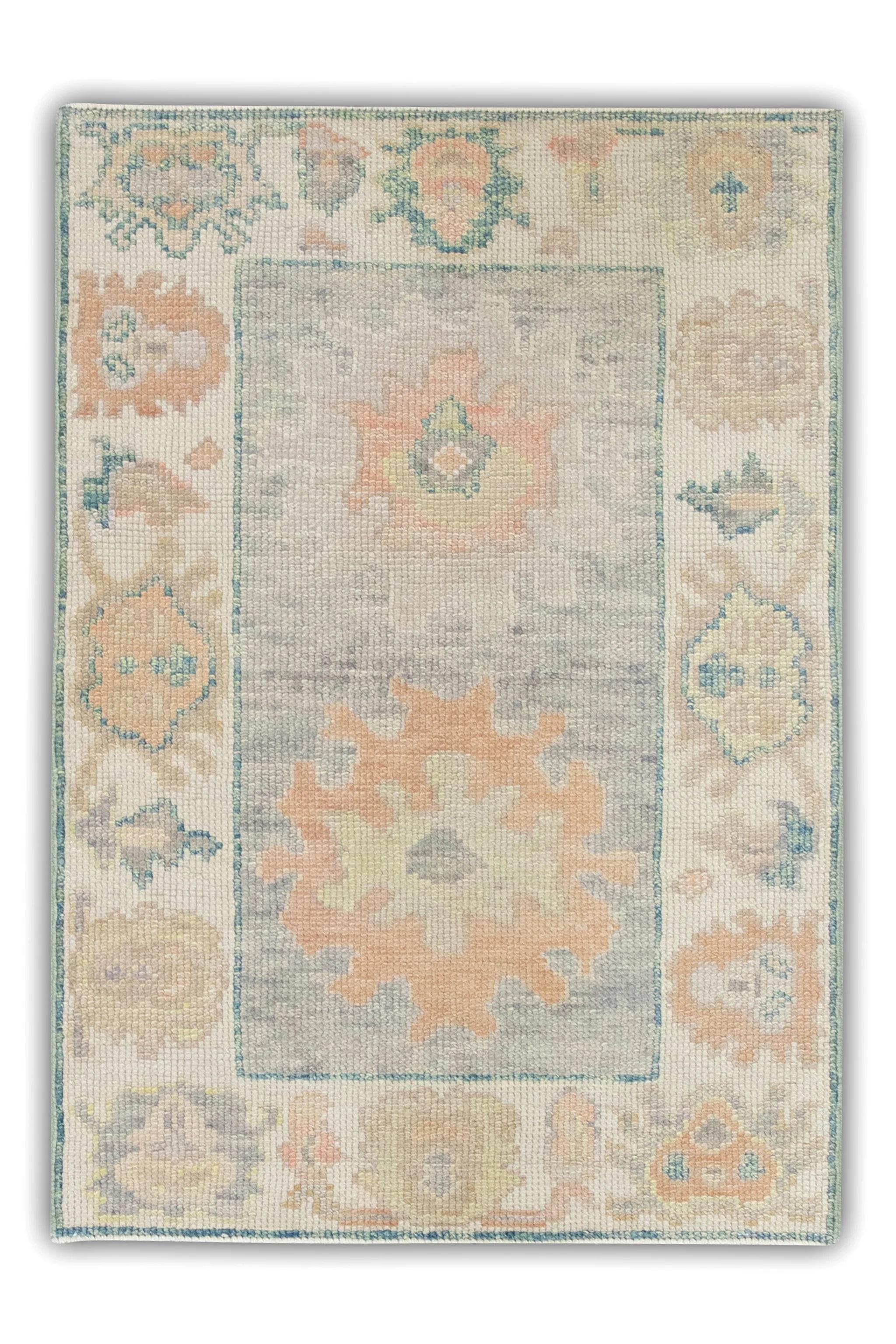 Contemporary Orange and Green Floral Design Handwoven Wool Turkish Oushak Rug 2'1