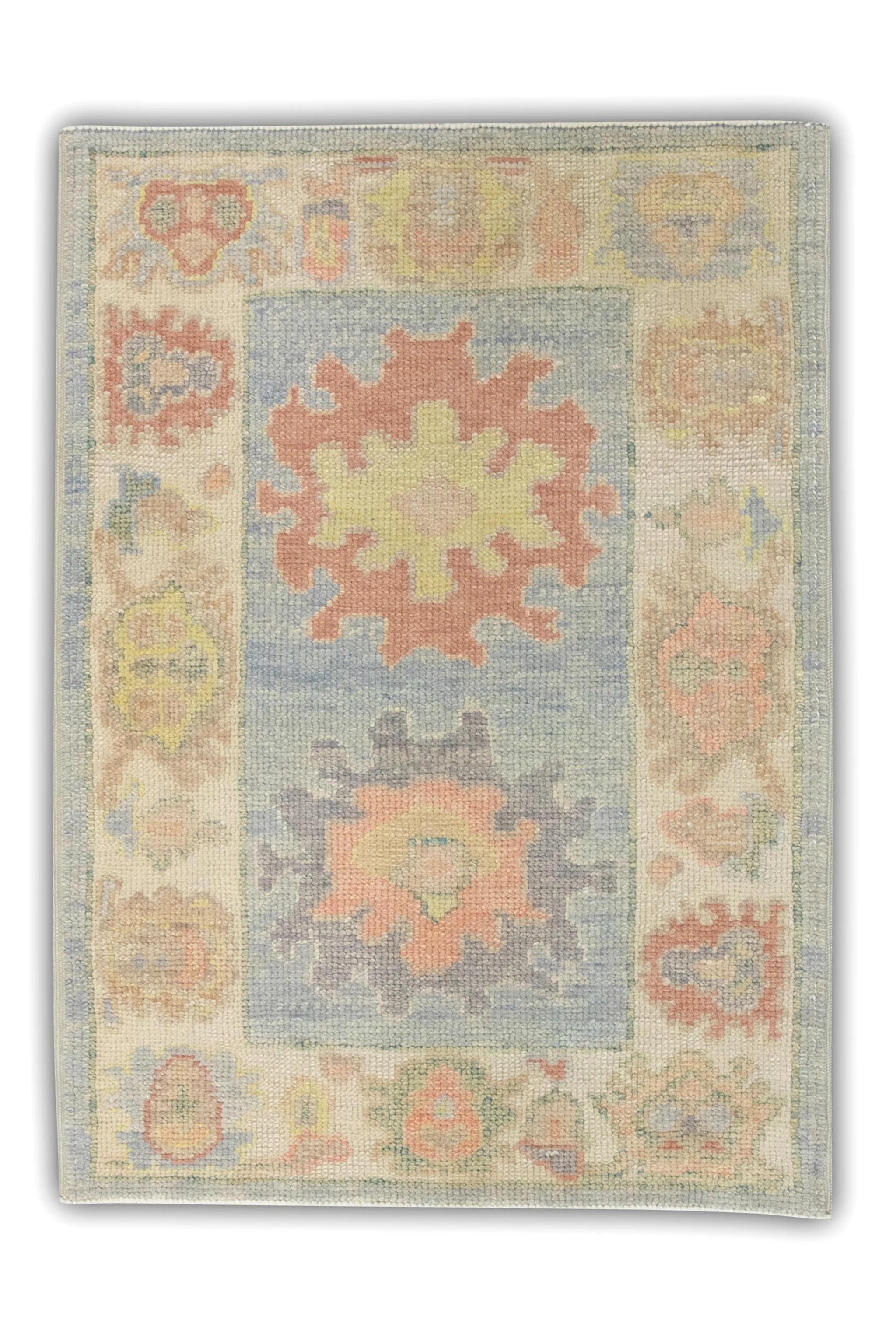 Contemporary Blue Multicolor Floral Design Handwoven Wool Turkish Oushak Rug 2'4
