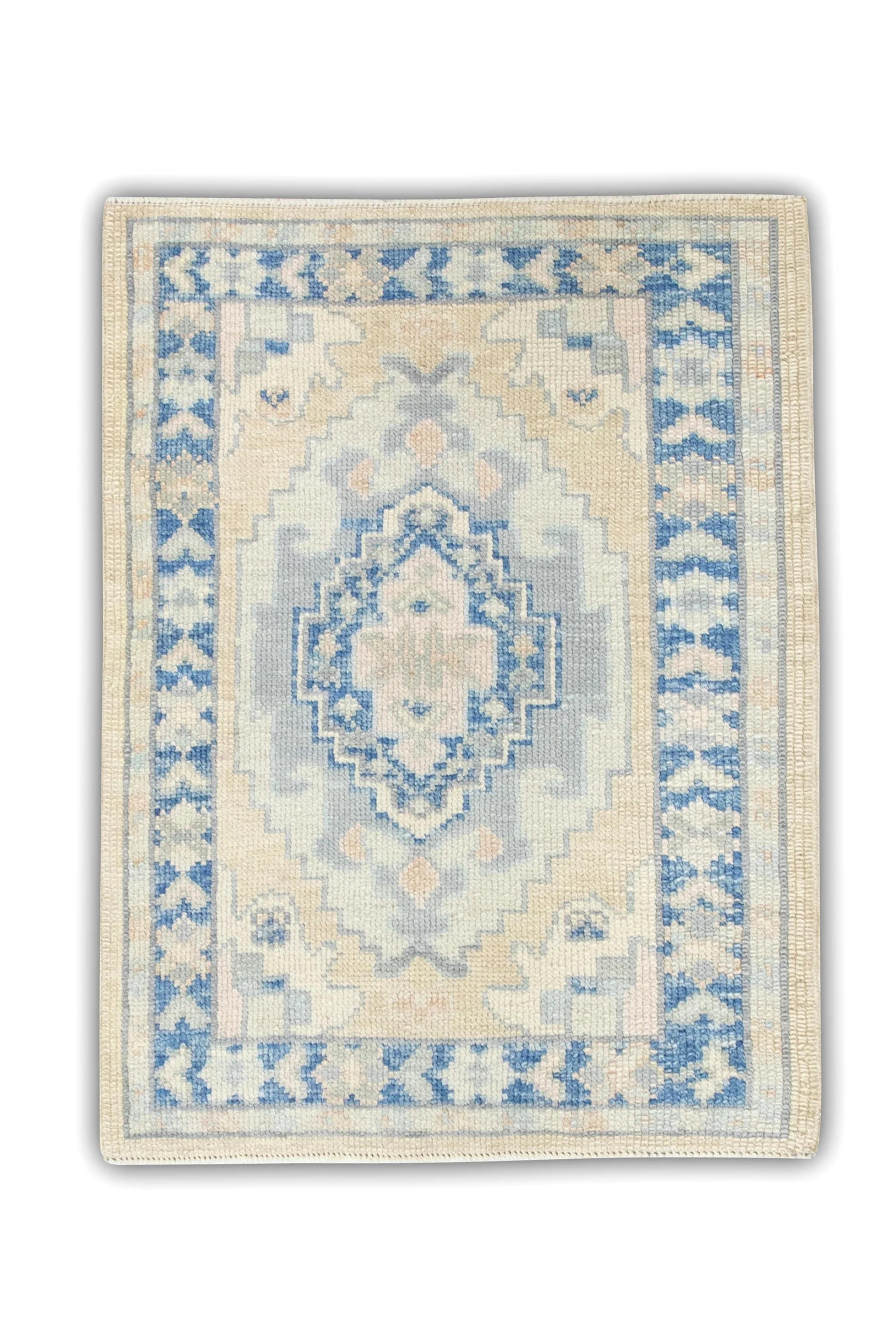 Contemporary Blue and Yellow Geometric Design Handwoven Wool Turkish Oushak Rug 2'3