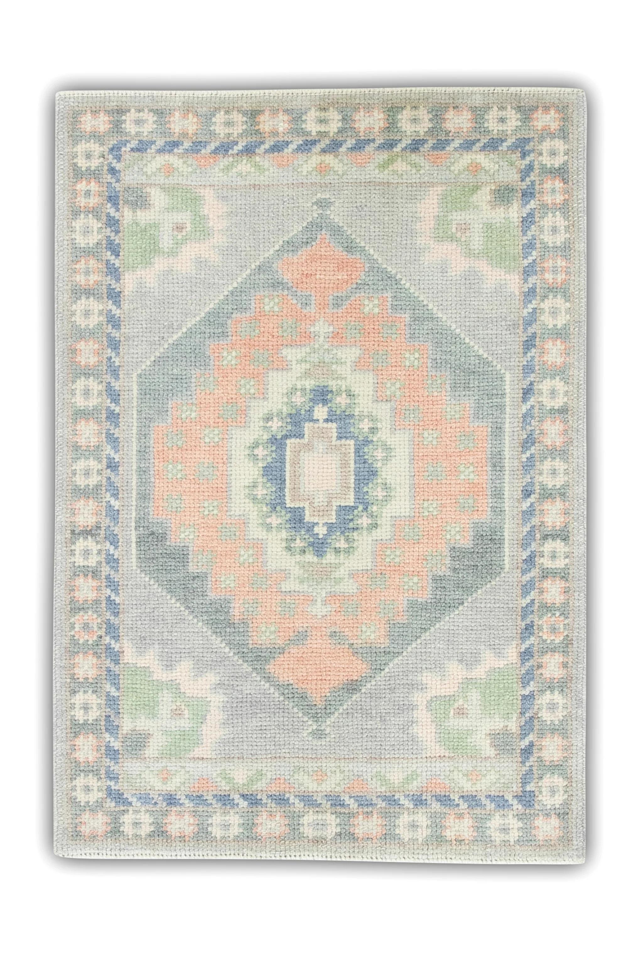 Contemporary Blue and Pink Medallion Design Handwoven Wool Turkish Oushak Rug 2'2