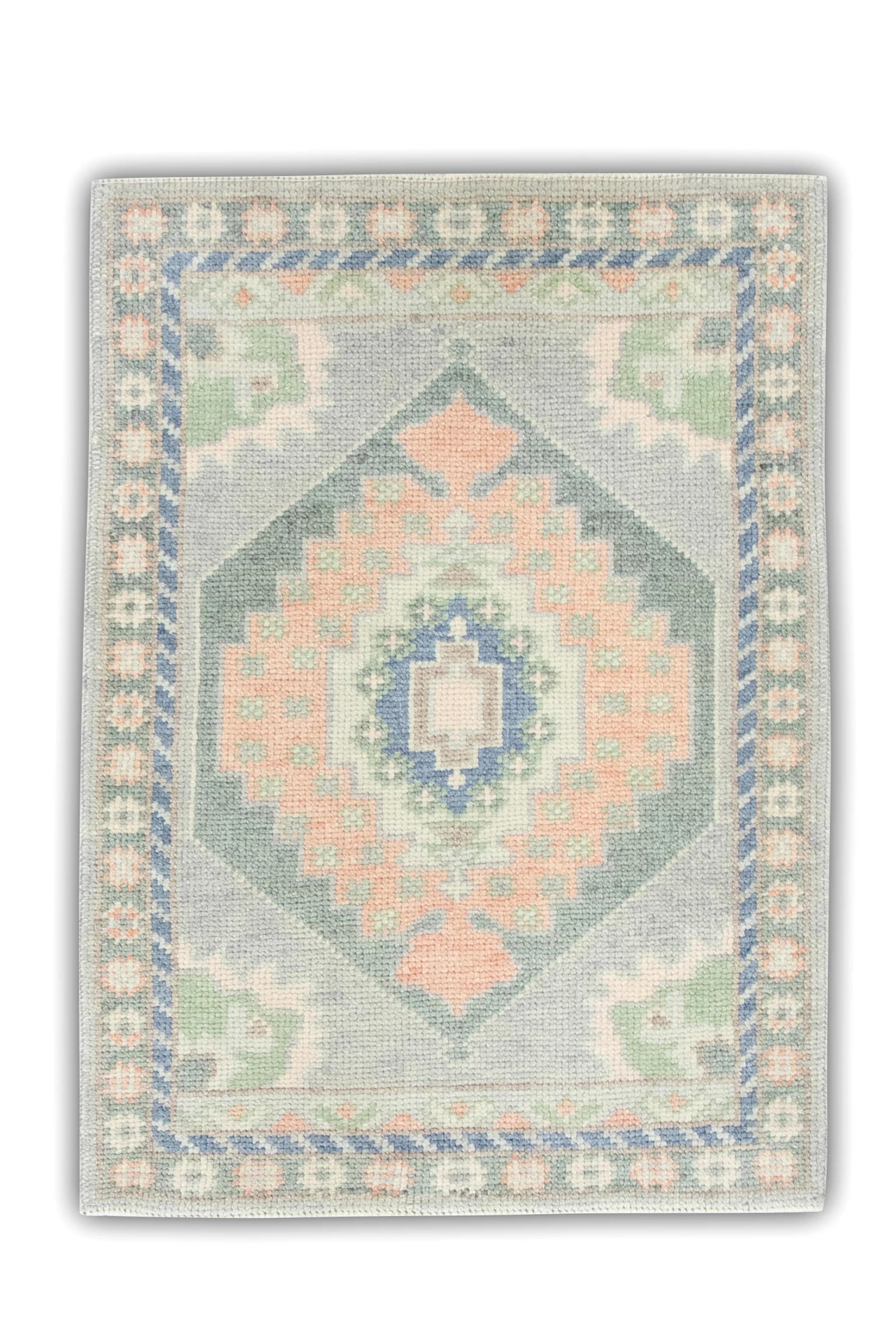 Contemporary Green & Pink Geometric Medallion Design Handwoven Wool Turkish Oushak Rug 2'2x3'