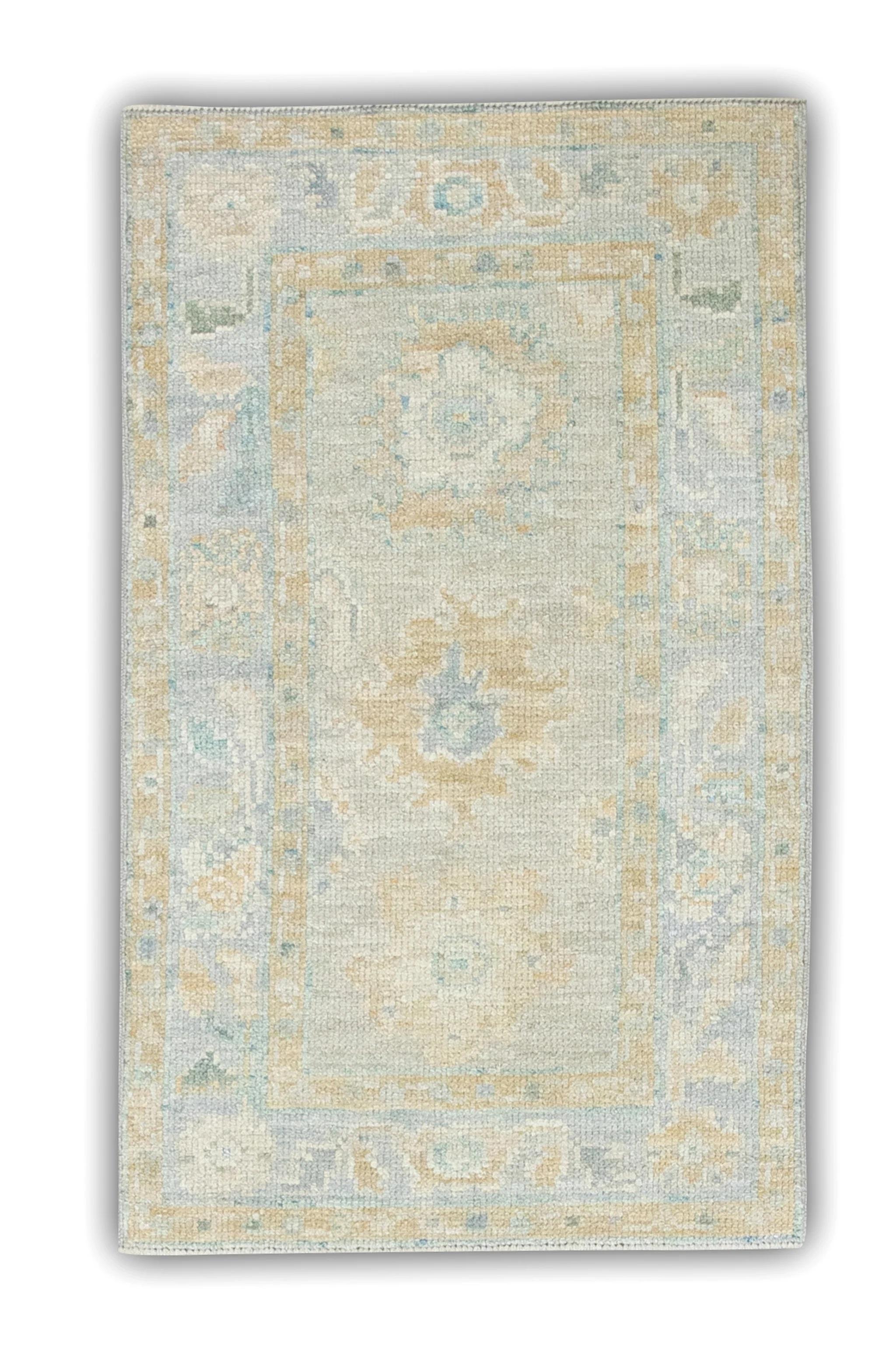 Contemporary Green and Blue Floral Design Handwoven Wool Turkish Oushak Rug 1'11