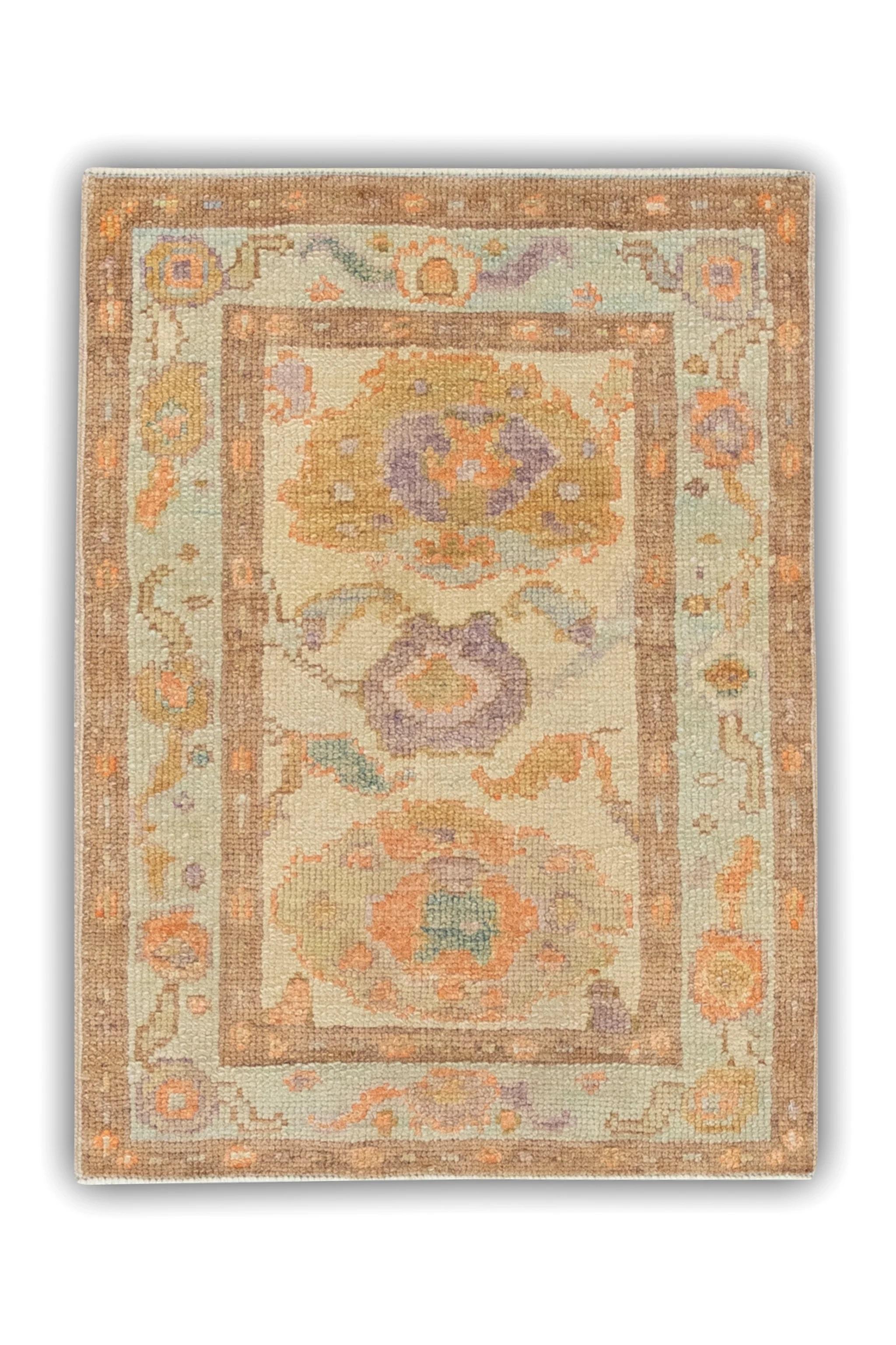 Contemporary Orange Multicolor Floral Design Handwoven Wool Turkish Oushak Rug 2' x 2'9
