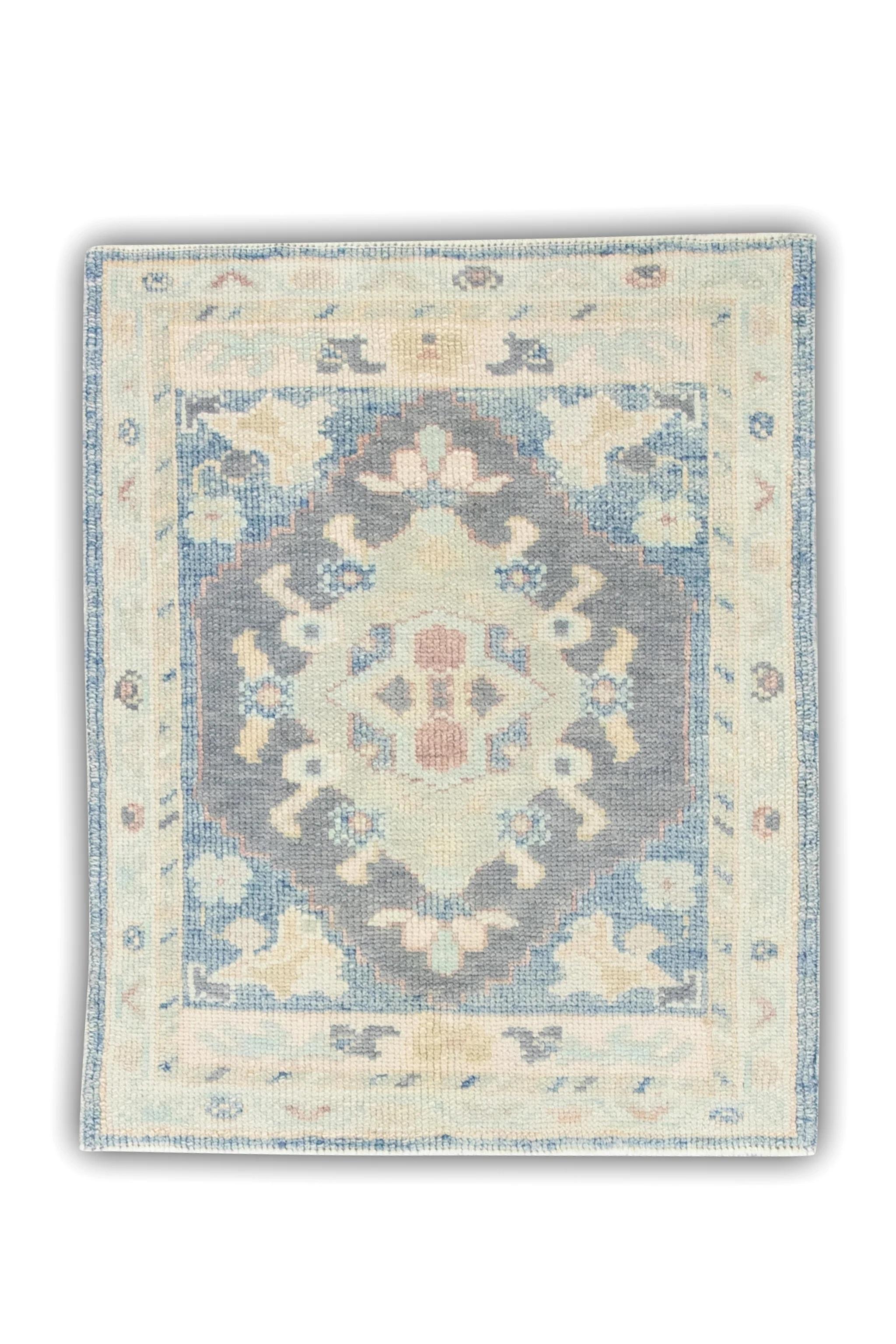 Contemporary Green and Blue Floral Handwoven Wool Turkish Oushak Rug 2'4