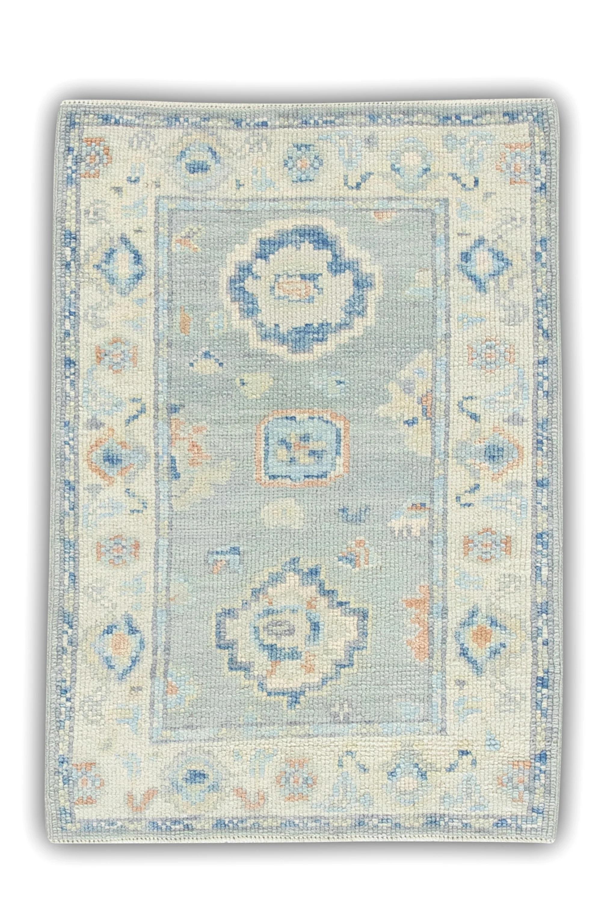 Contemporary Blue Handwoven Wool Turkish Oushak Rug in Salmon Floral Design 2'1