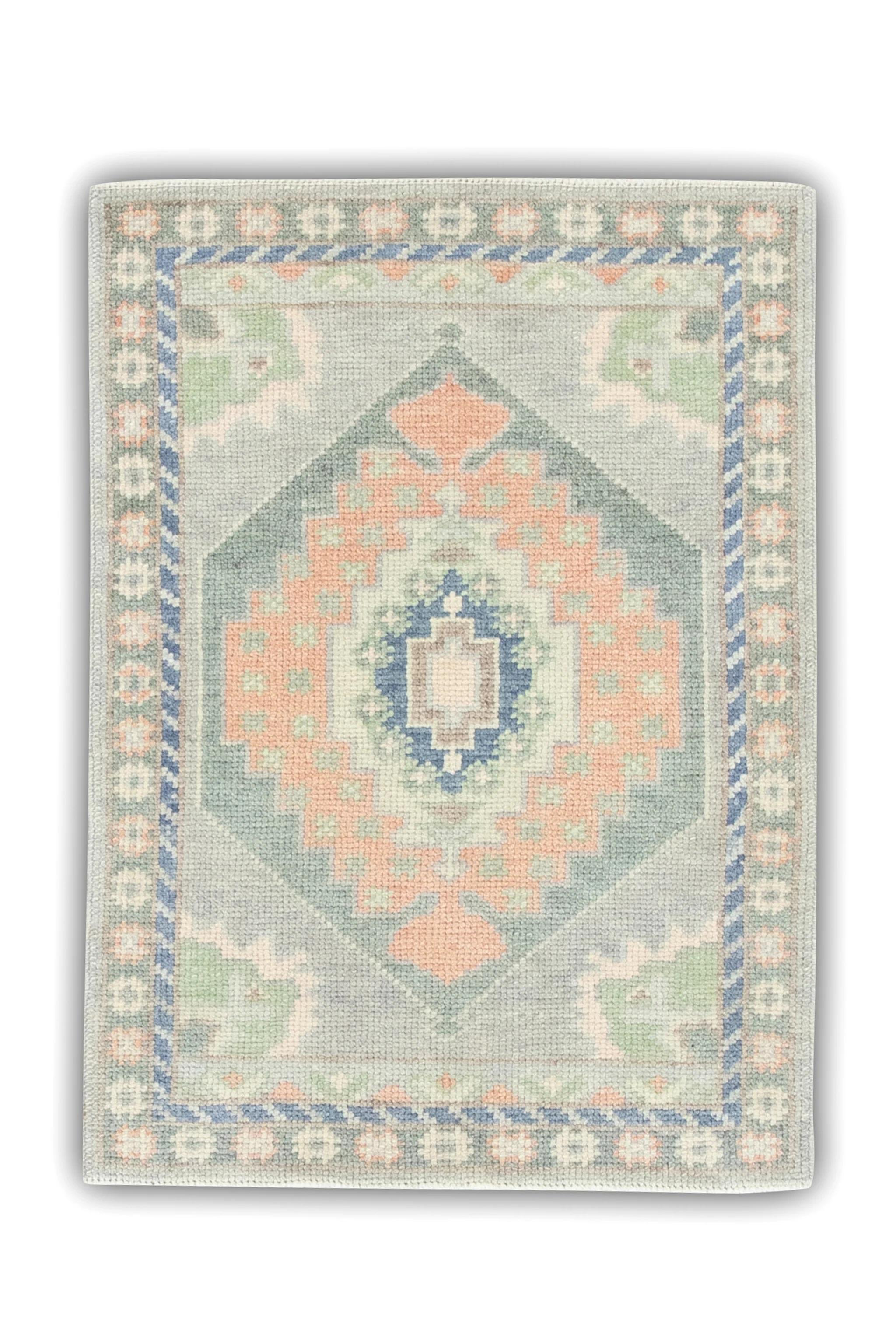 Tapis turc Oushak en laine tissé à la main à motif de médaillon vert et saumon - 2'2