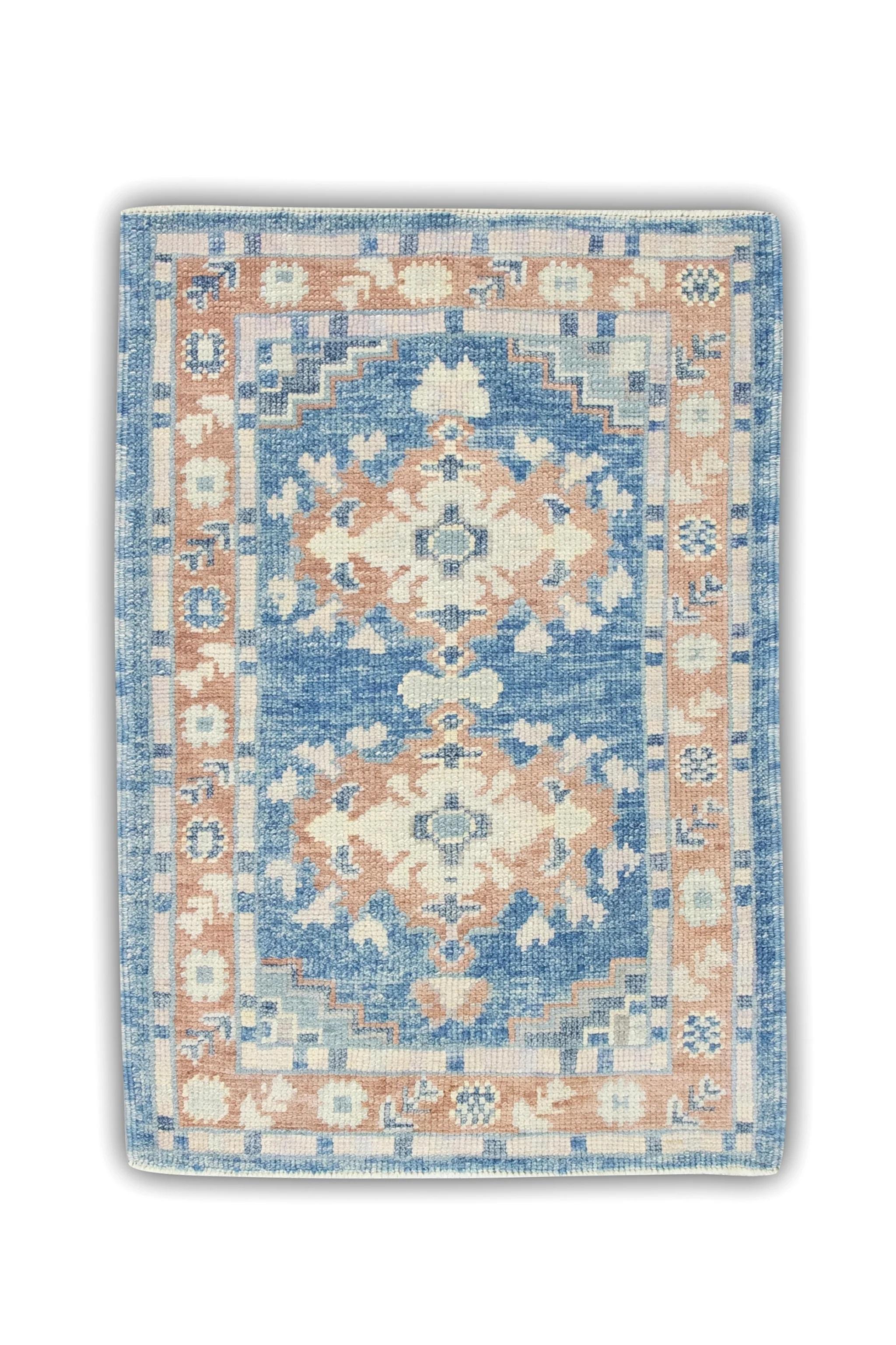 Contemporary Blue and Salmon Floral Design Handwoven Wool Turkish Oushak Rug 2'4