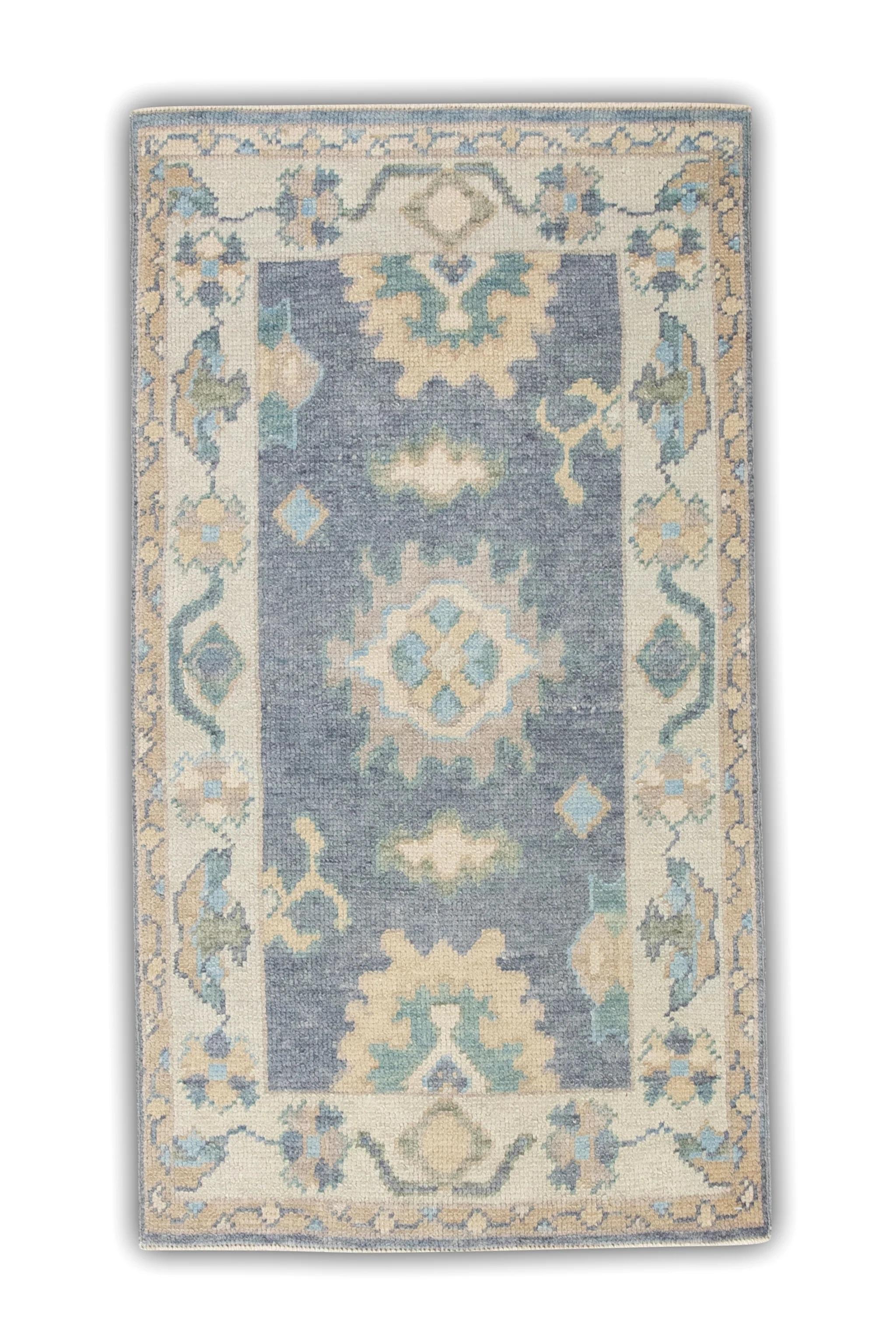 Contemporary Floral Handwoven Wool Turkish Oushak Rug in Gray, Blue, & Orange 2'3