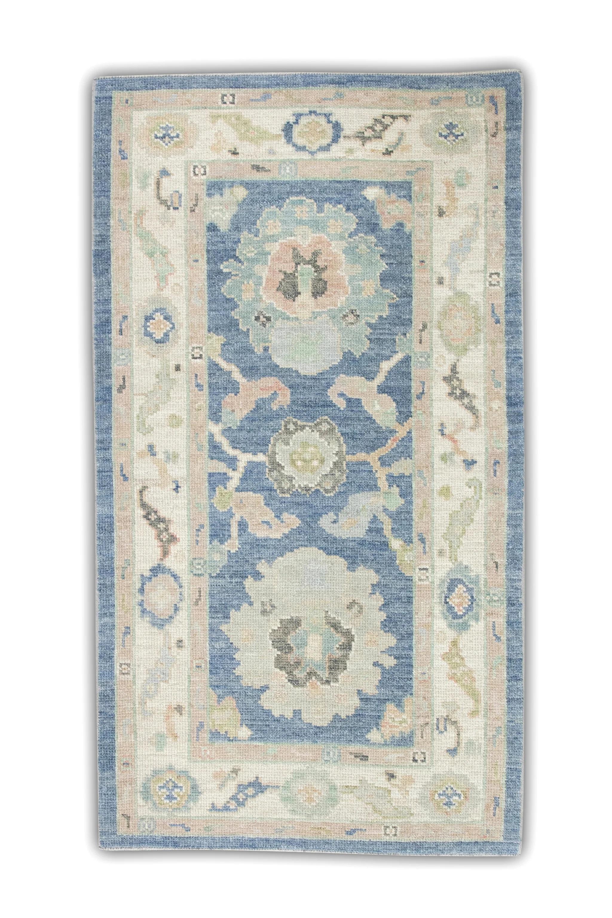 Contemporary Blue and Pink Floral Handwoven Wool Turkish Oushak Rug 2'10