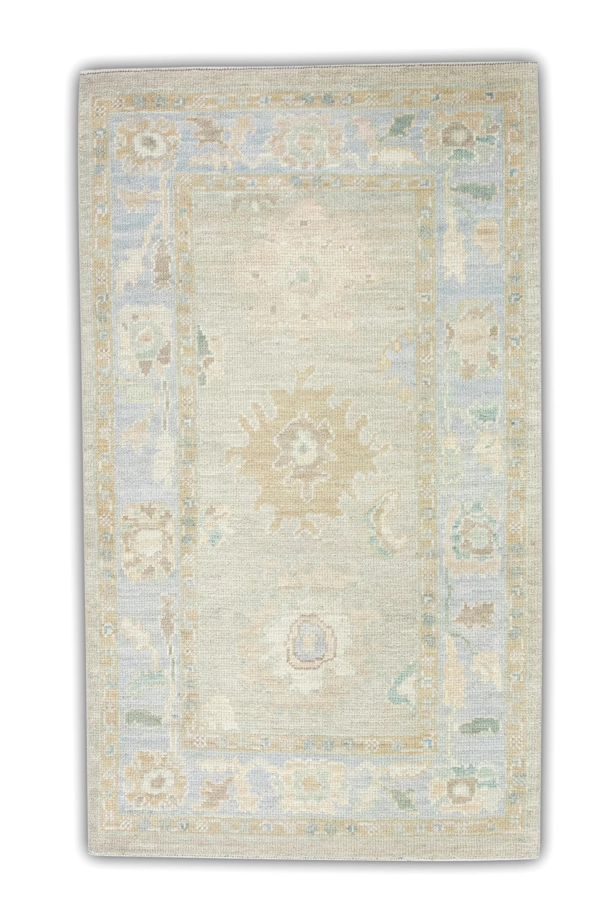 Contemporary Blue and Taupe Floral Design Handwoven Wool Turkish Oushak Rug 3'1