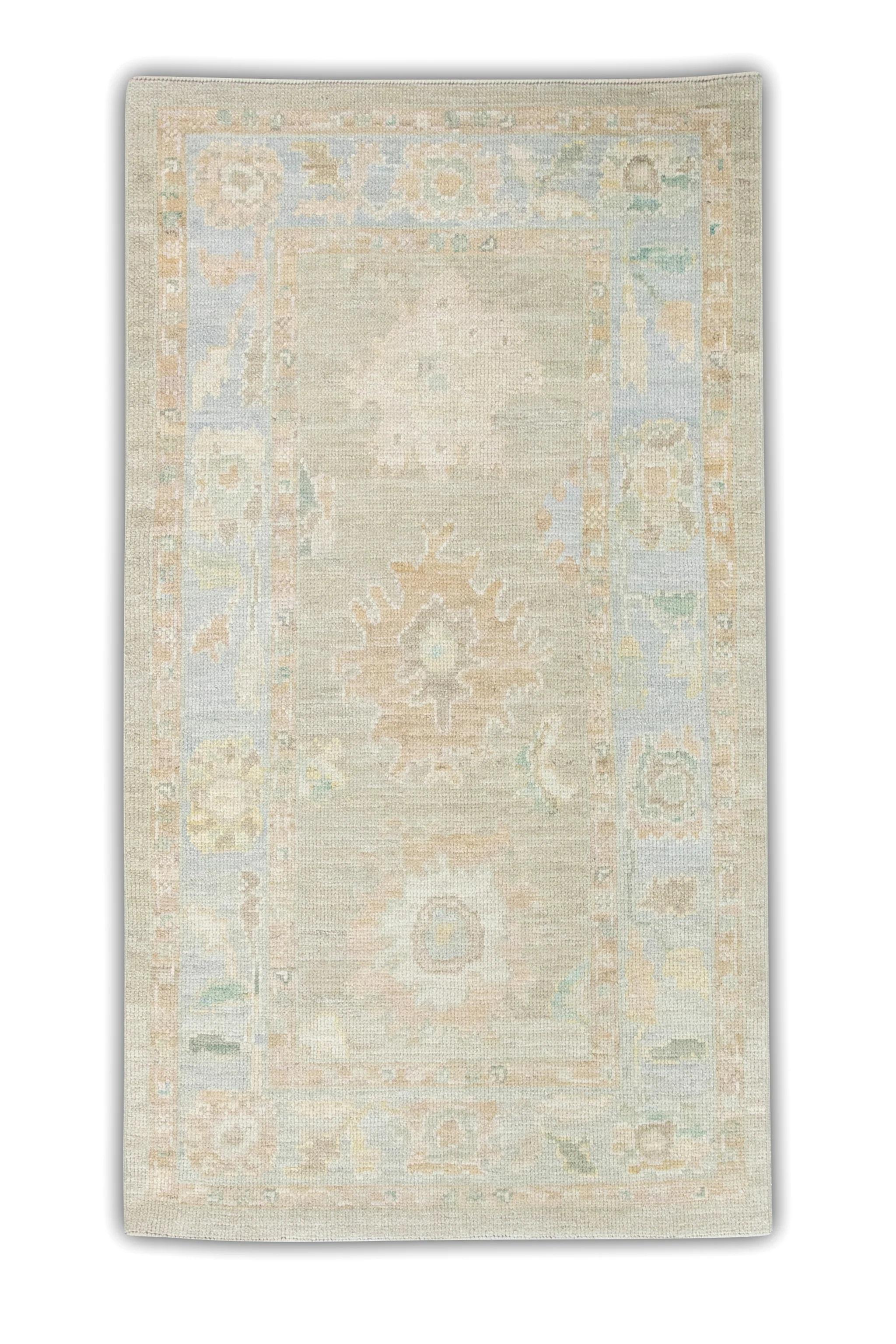 Contemporary Brown and Blue Floral Design Handwoven Wool Turkish Oushak Rug 3' x 5'5