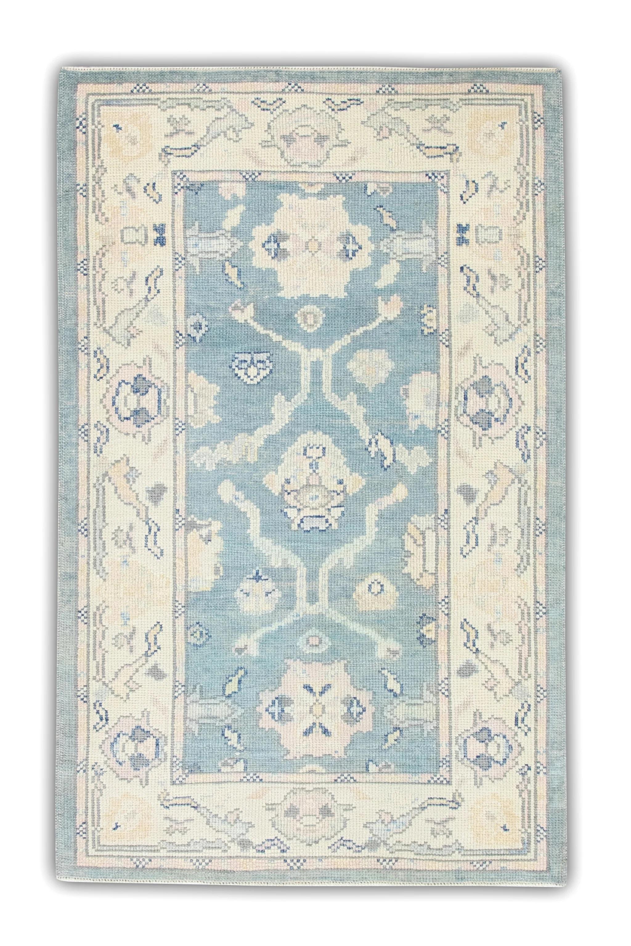 Contemporary Handwoven Wool Turkish Oushak Rug in Blue Floral Design 3' x 4'10