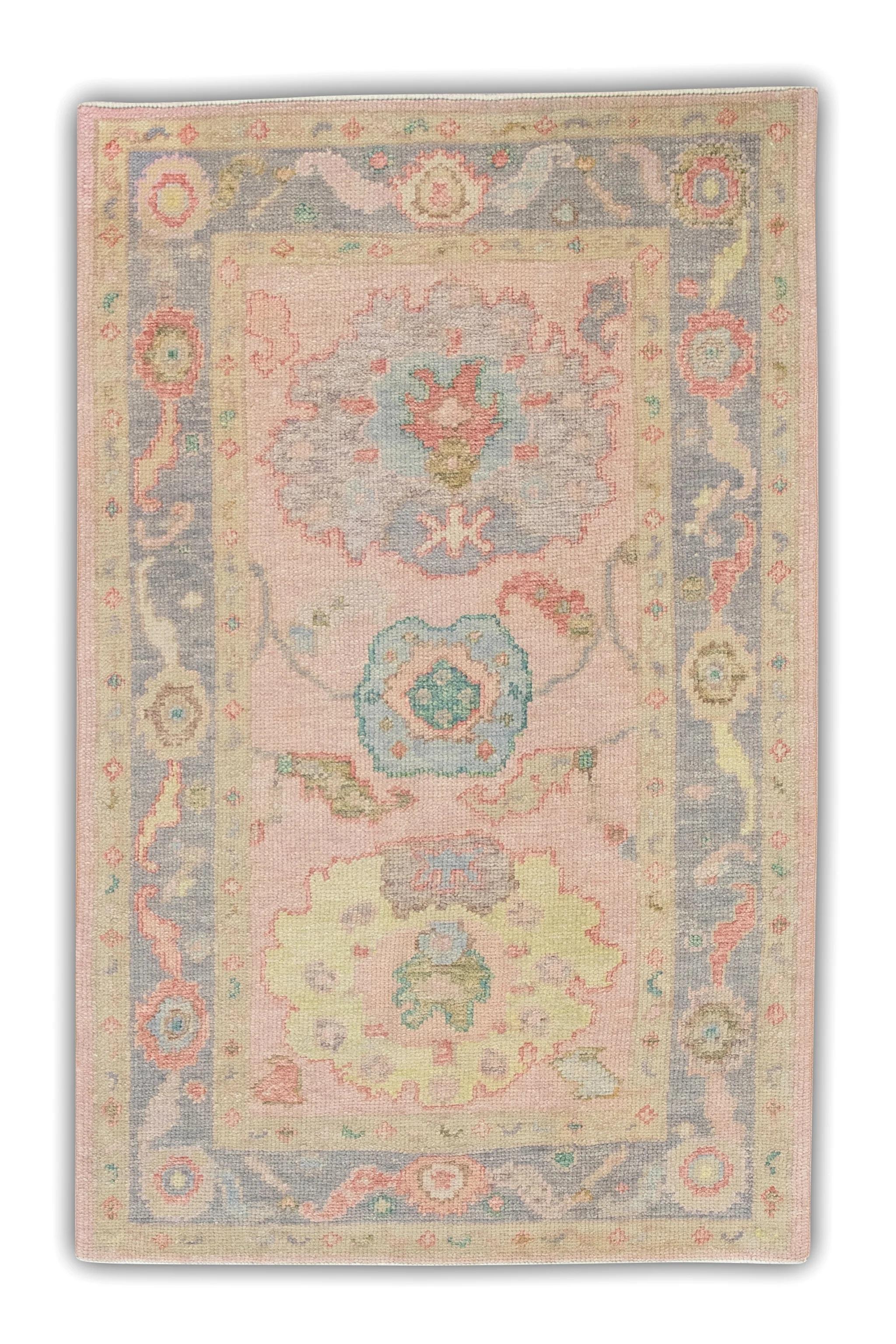 Contemporary Pink and Purple Floral Handwoven Wool Turkish Oushak Rug 3'1