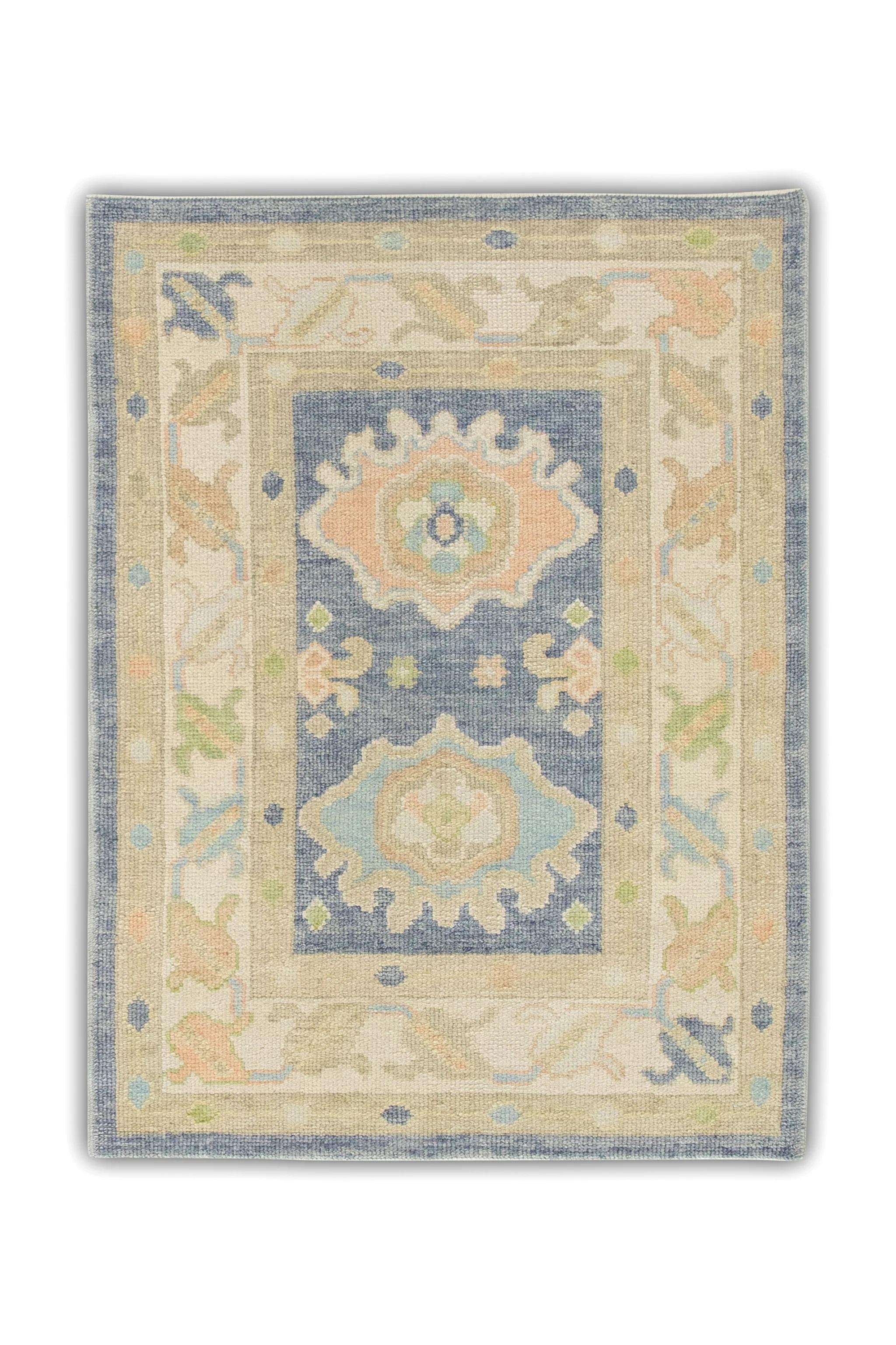 Contemporary Blue Multicolor Floral Handwoven Wool Turkish Oushak Rug 3'2