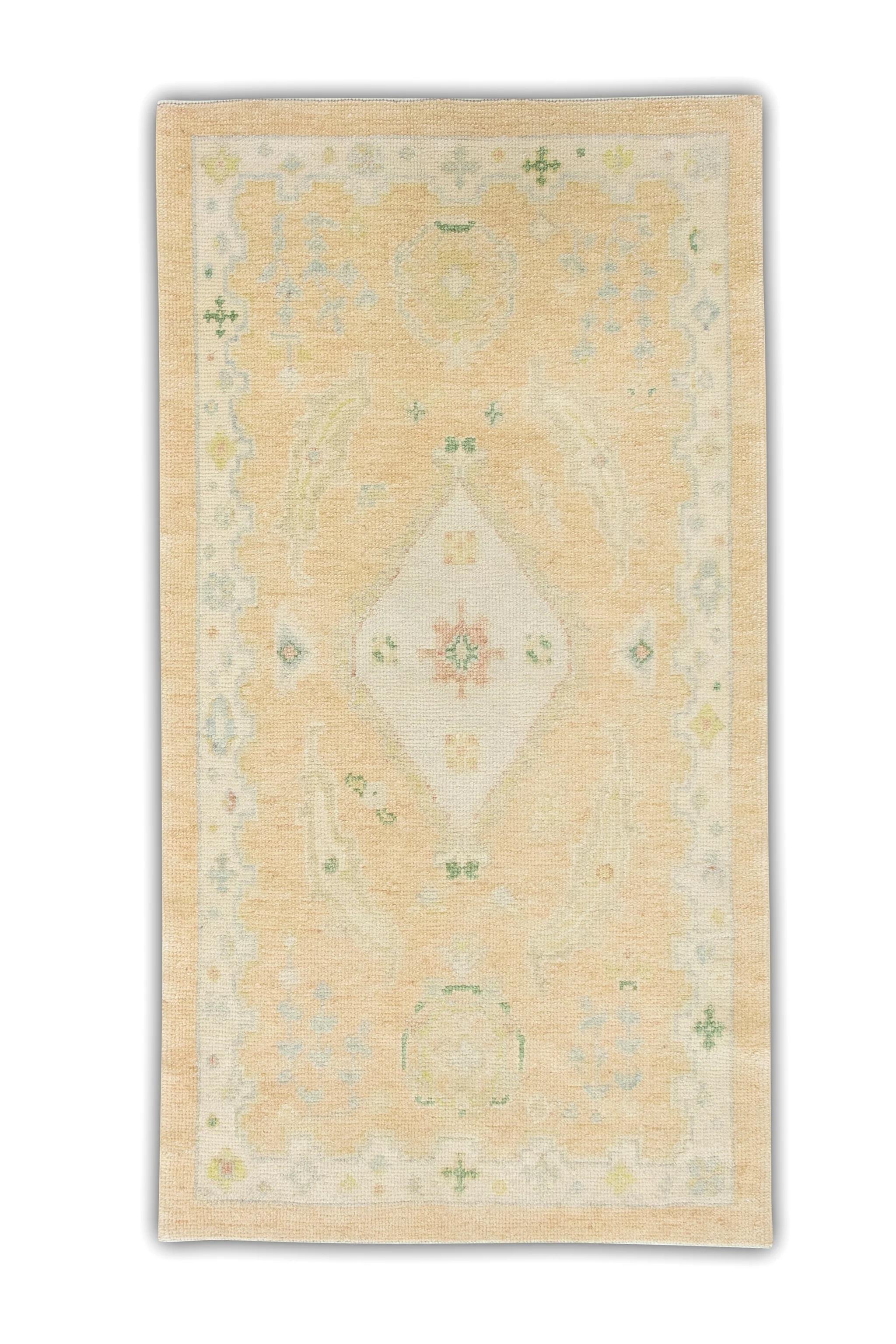 Contemporary Yellow Floral Handwoven Wool Turkish Oushak Rug 3'1