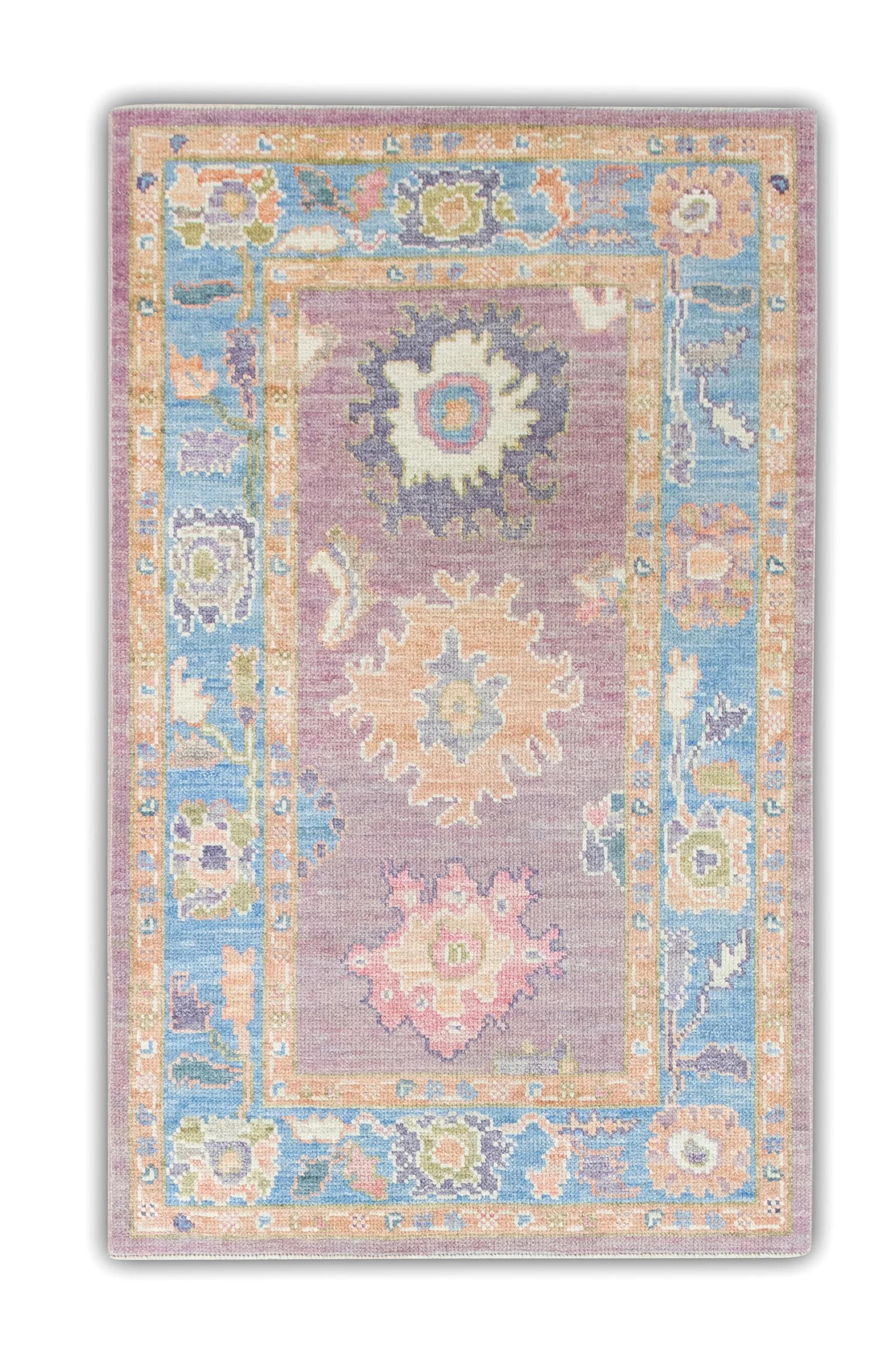 Contemporary Colorful Purple Handwoven Wool Turkish Oushak Rug in Floral Design 3' x 5' For Sale