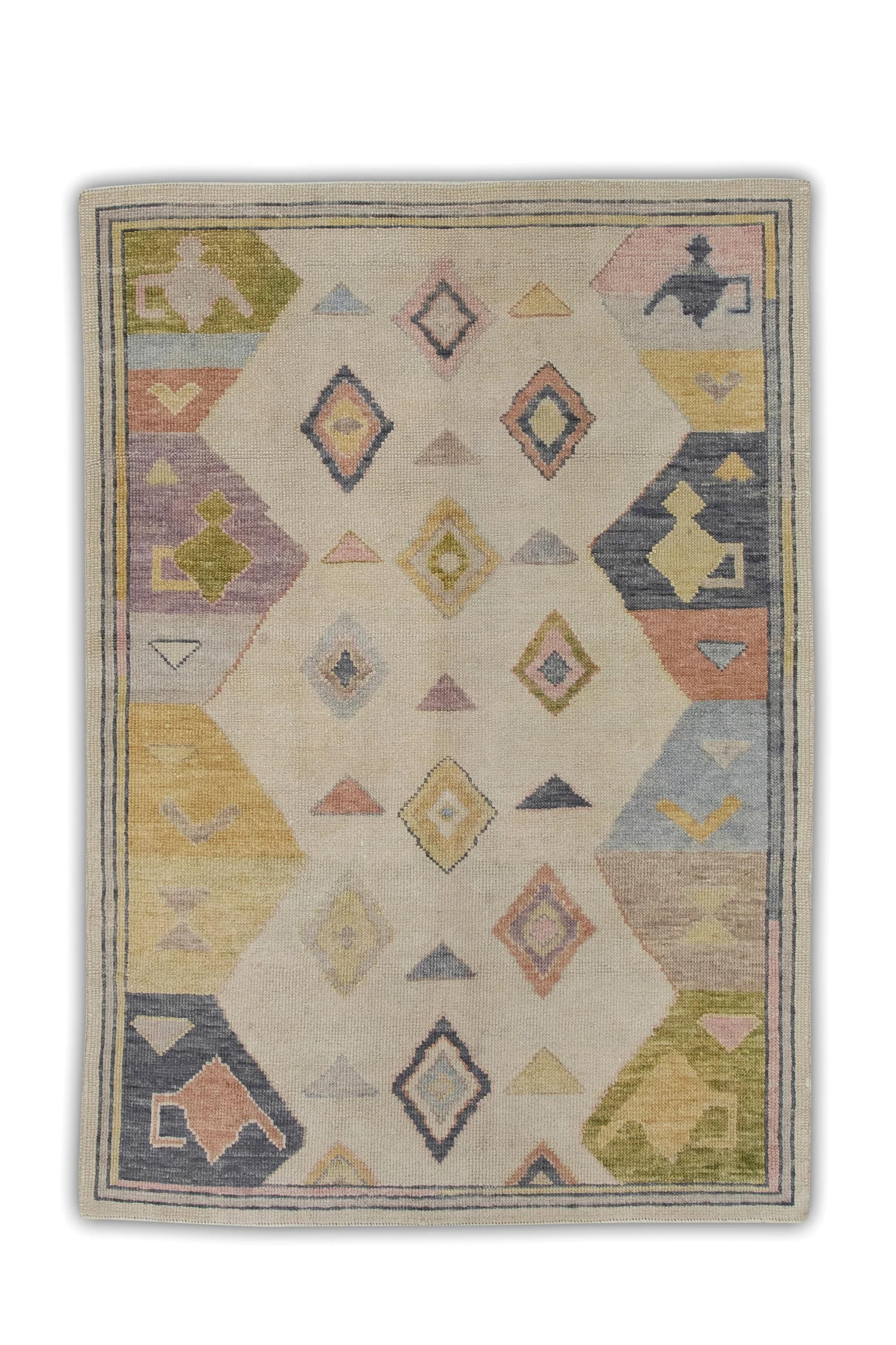 Contemporary Multicolor Geometric Handwoven Wool Turkish Oushak Rug 4' x 5'7