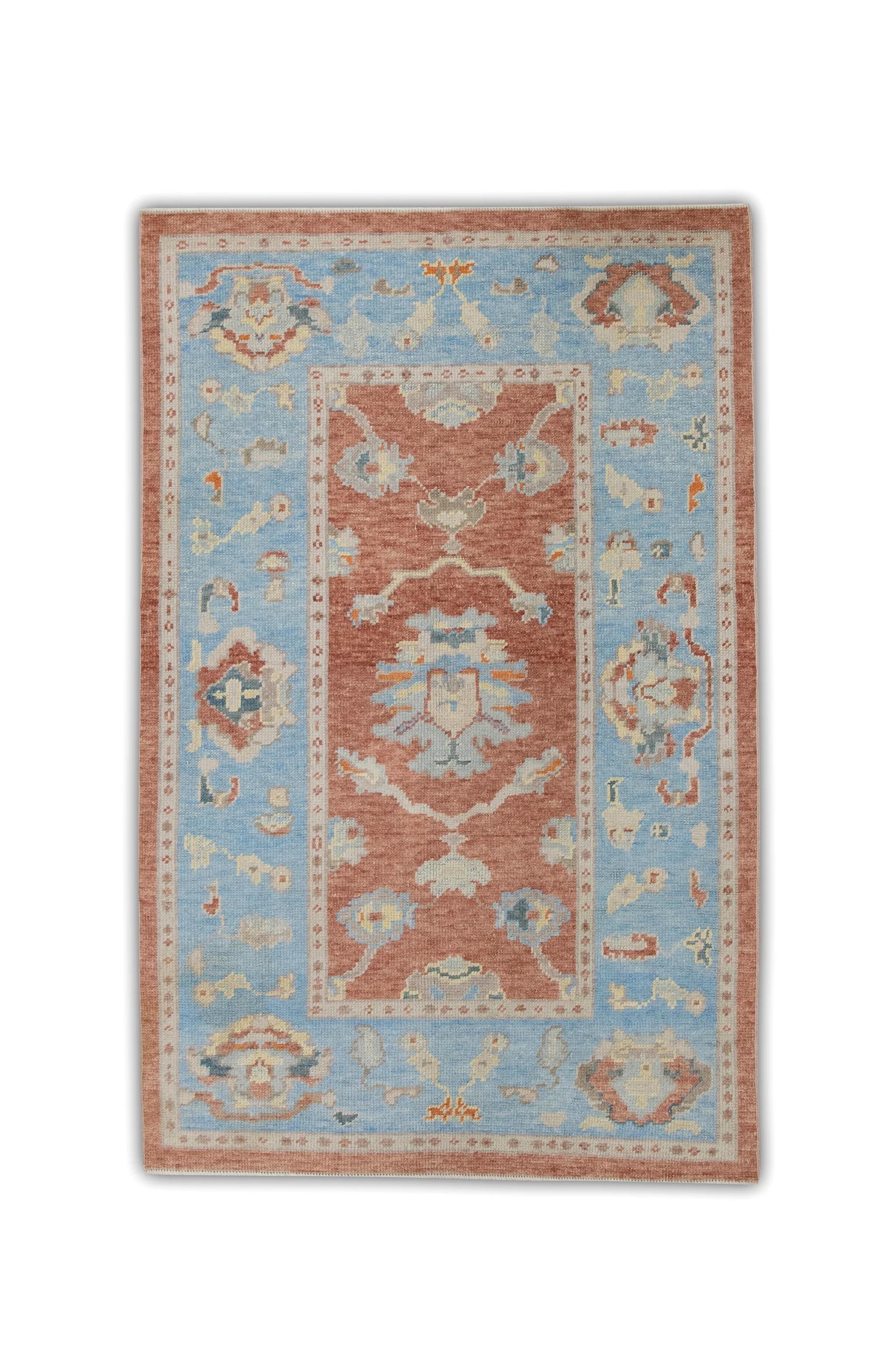 Contemporary Red and Baby Blue Floral Handwoven Wool Turkish Oushak Rug 4' x 6'2
