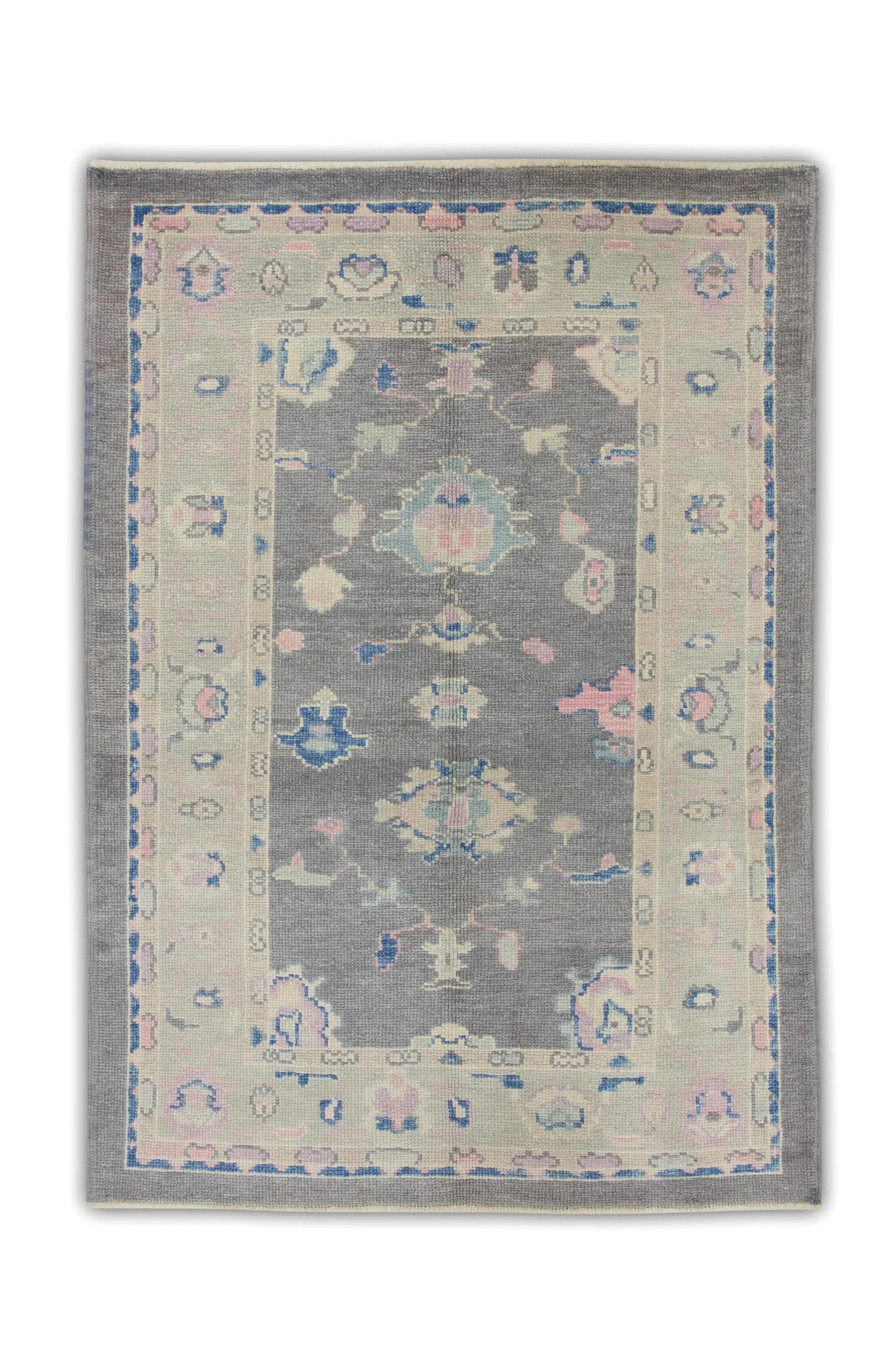 Contemporary Dark Mauve Handwoven Wool Turkish Oushak Rug in Colorful Floral Design 4' x 5'11 For Sale