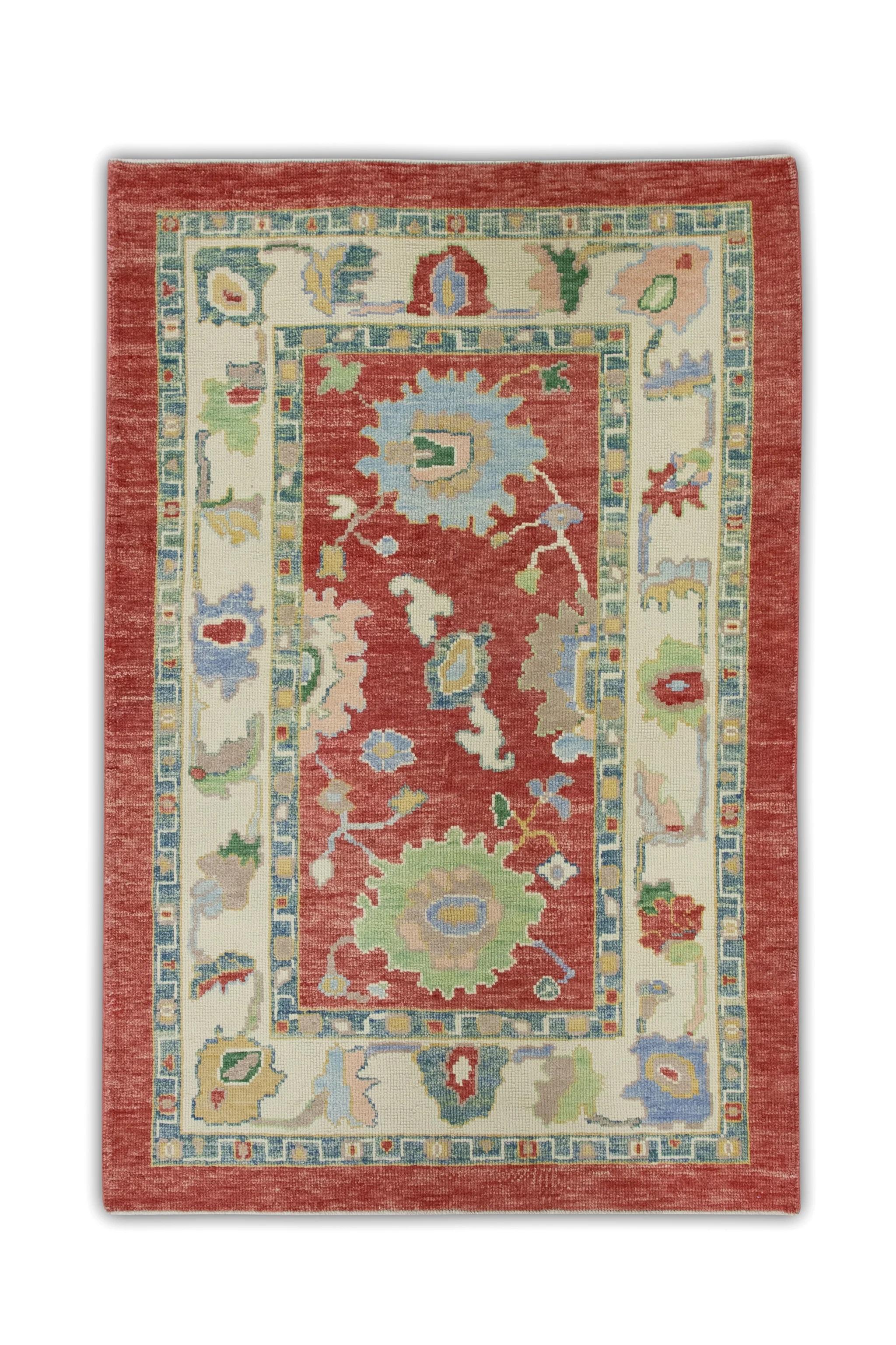 Contemporary Red Handwoven Wool Turkish Oushak Rug in Blue & Green Floral Design 4'3
