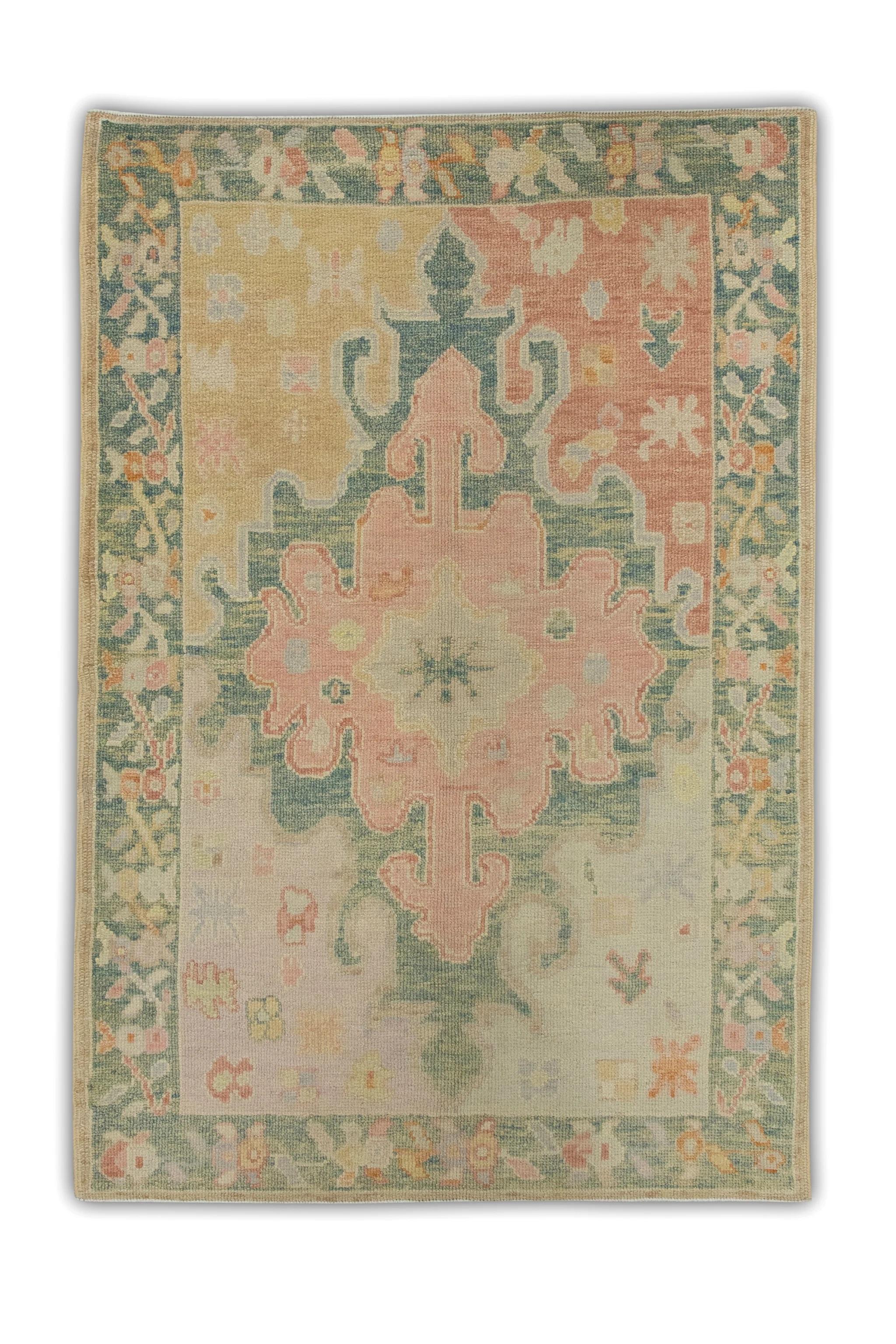 Contemporary Green and Pink Floral Handwoven Wool Turkish Oushak Rug 4'1