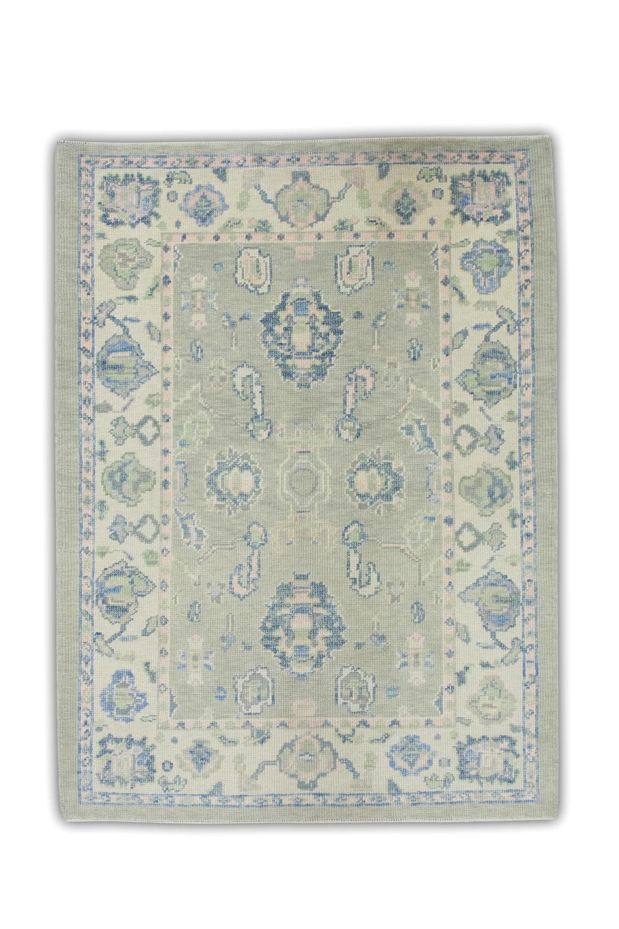 Contemporary Green and Blue Handwoven Wool Turkish Oushak Rug in Floral Pattern 4' x 5'5
