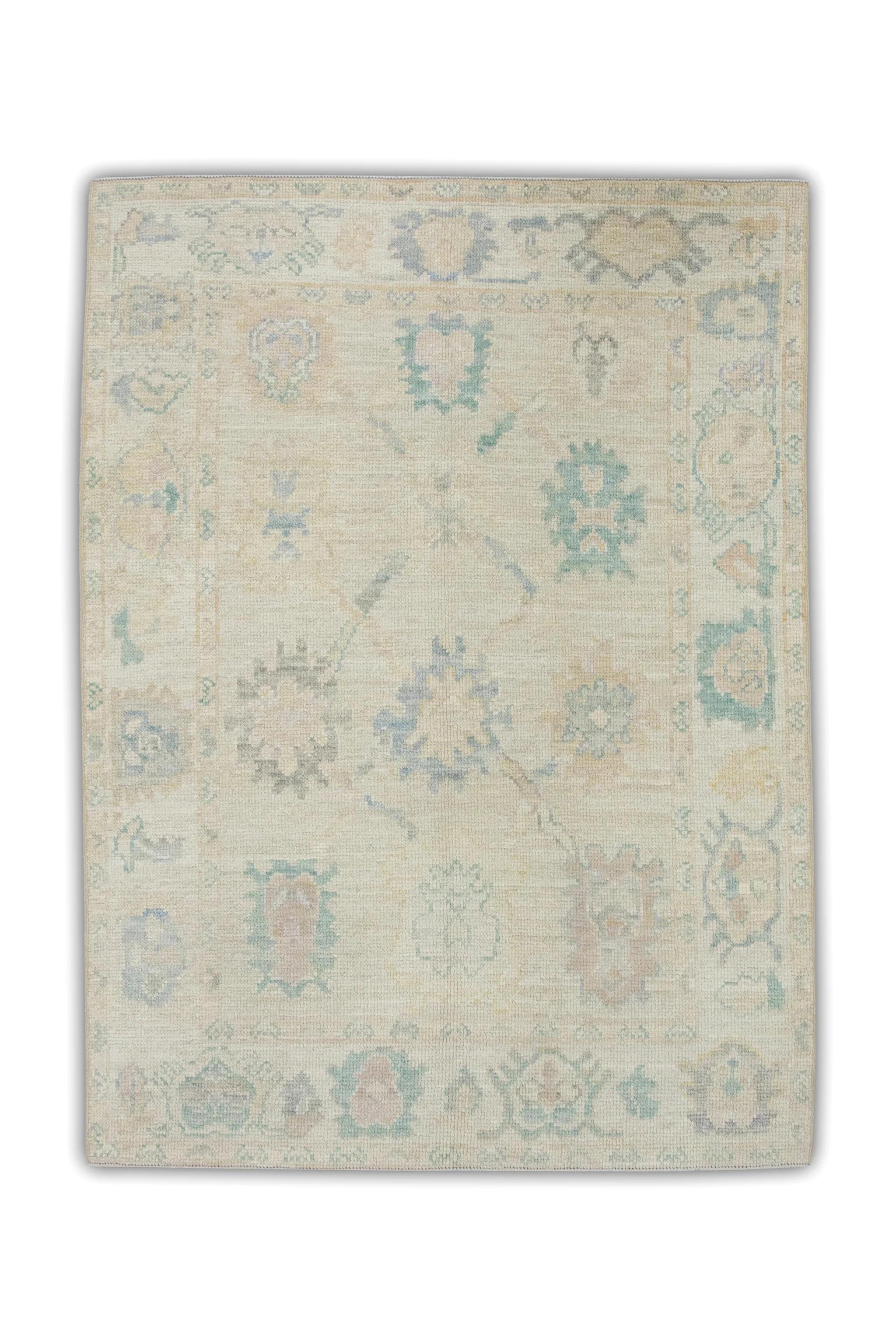 Contemporary Multicolor Handwoven Wool Turkish Oushak Rug in Floral Design 4' x 5'9
