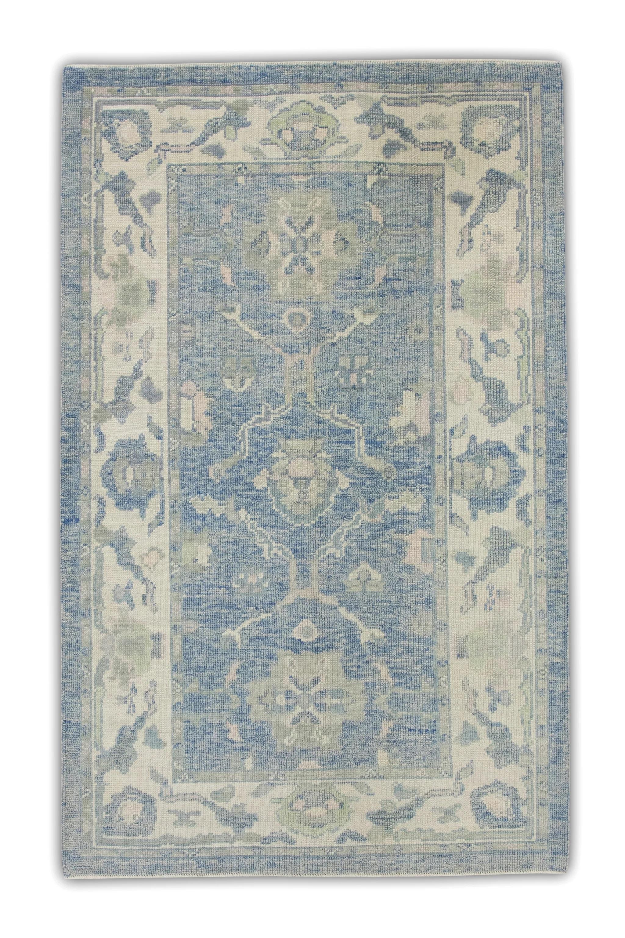 Contemporary Blue Handwoven Wool Turkish Oushak Rug with Green Floral Pattern 4'1
