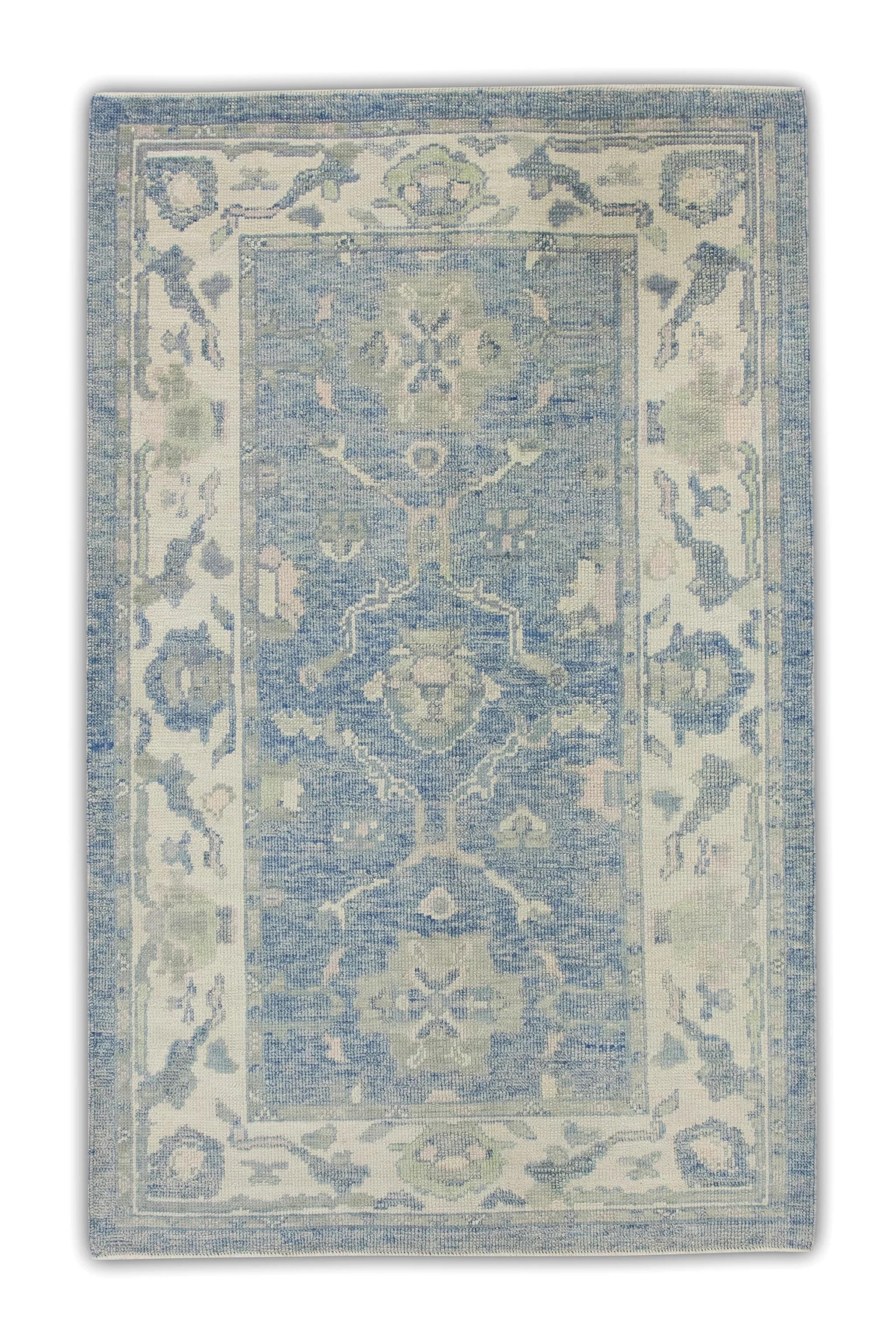 Tapis turc Oushak en laine bleue tissée à la main avec motif floral vert 4'1