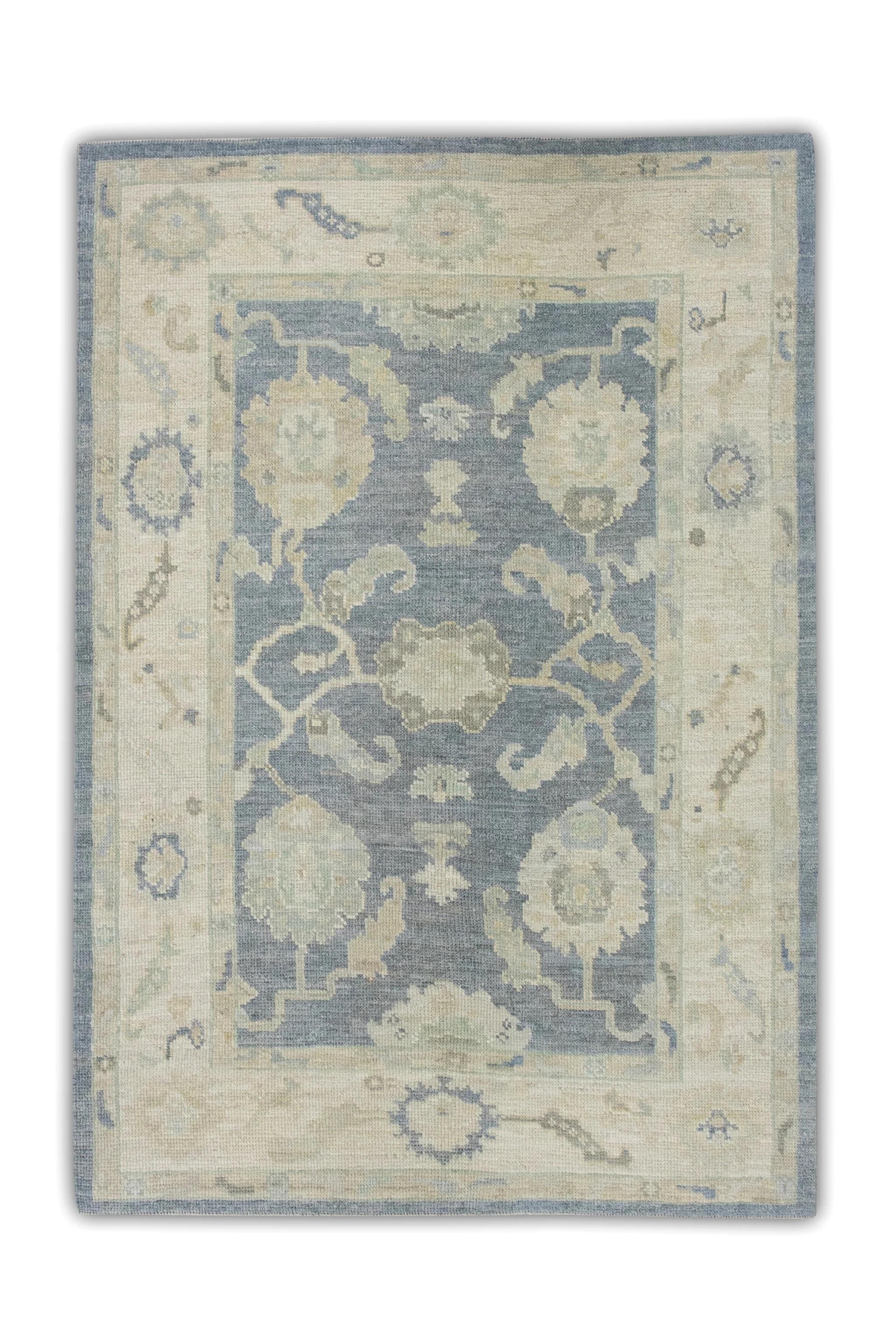 Contemporary Blue Handwoven Wool Floral Design Turkish Oushak Rug 4'2