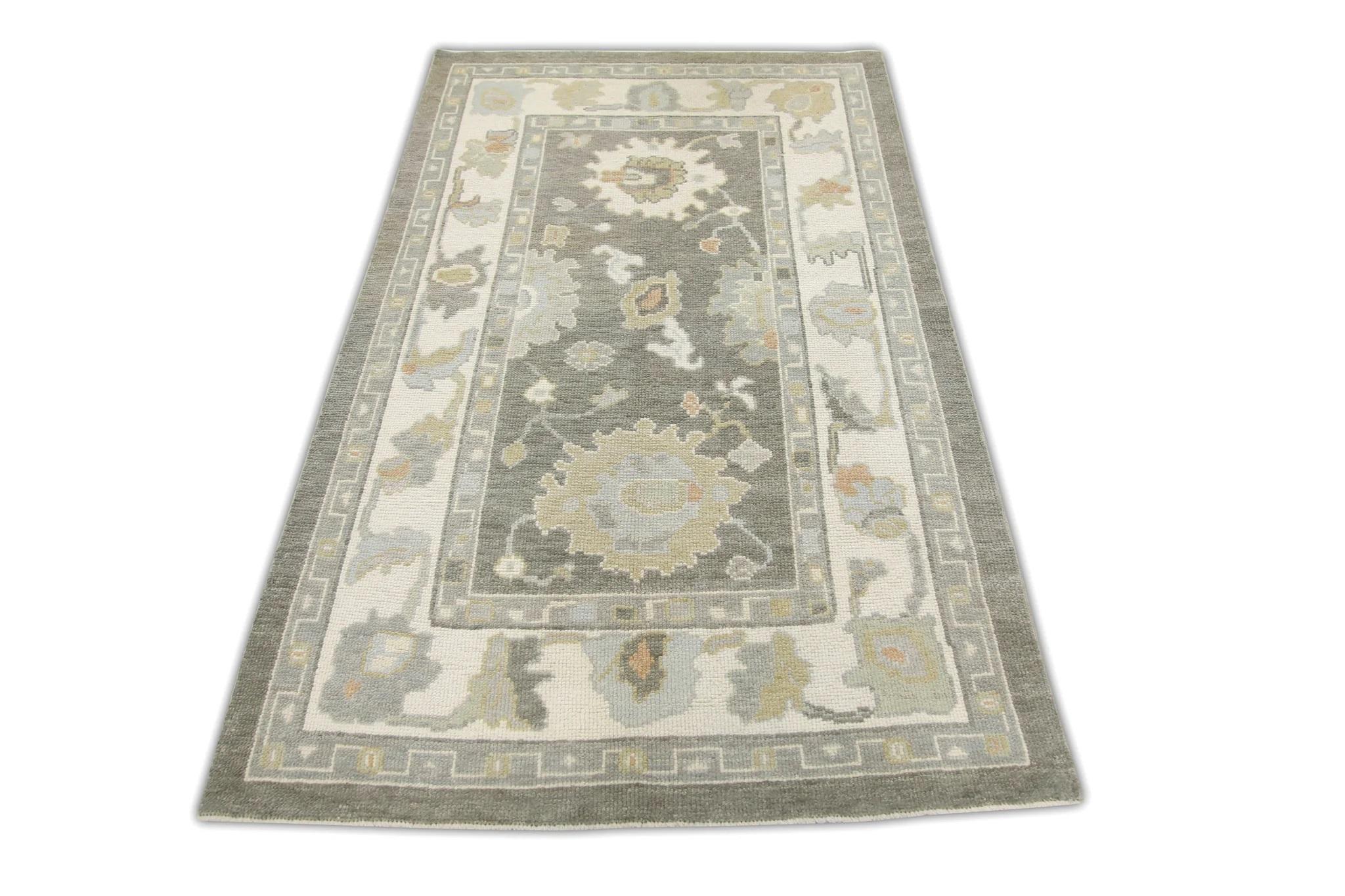 Contemporary Green Floral Pattern Handwoven Wool Turkish Oushak Rug 3'9
