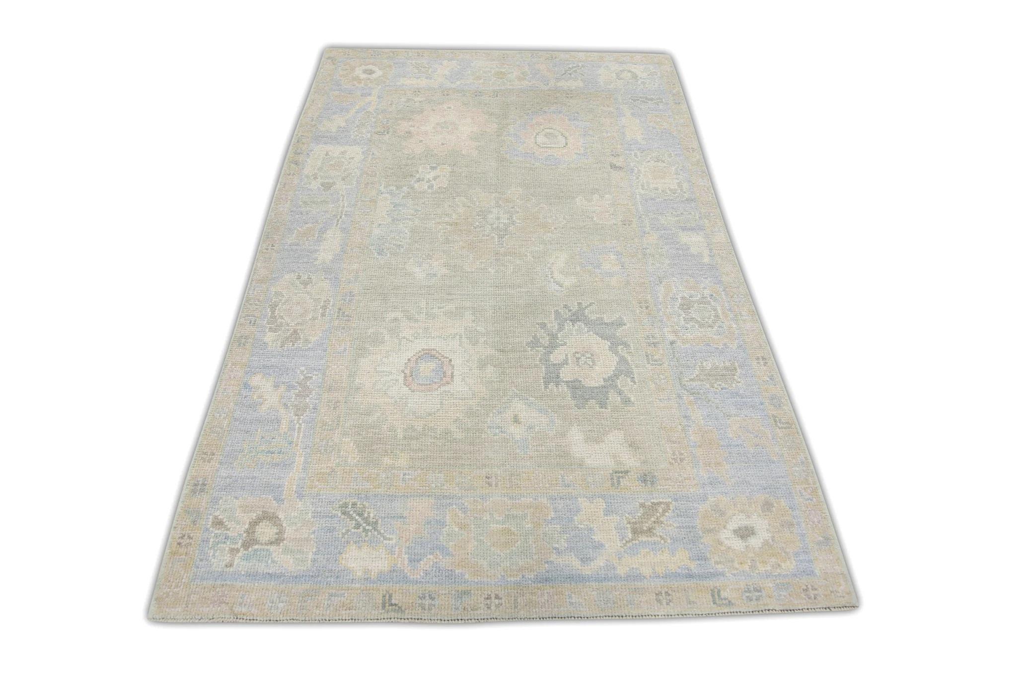 Contemporary Brown and Blue Floral Handwoven Wool Turkish Oushak Rug 4'2