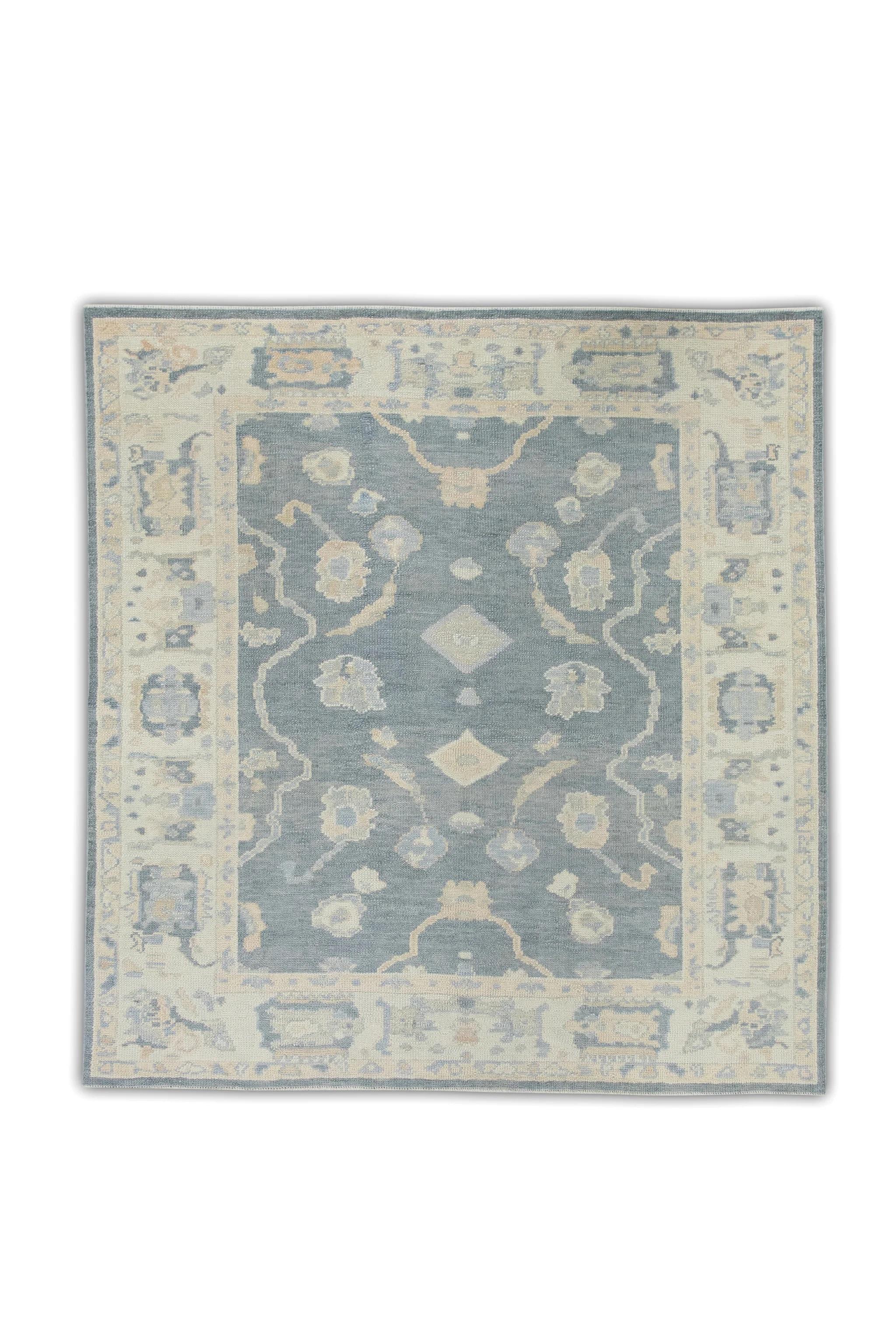Contemporary Gray Multicolor Handwoven Wool Floral Turkish Oushak Rug 5'7