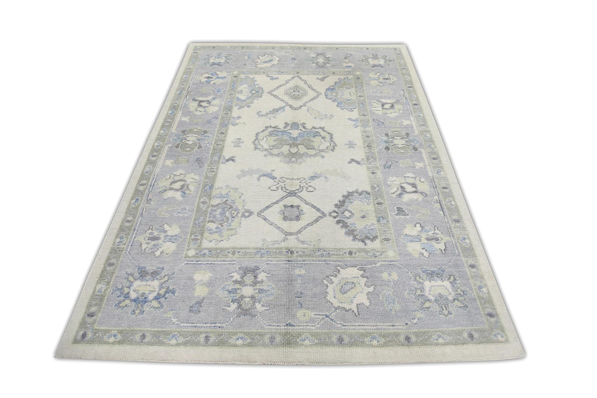 Contemporary Blue and Green Floral Handwoven Wool Turkish Oushak Rug 4'10
