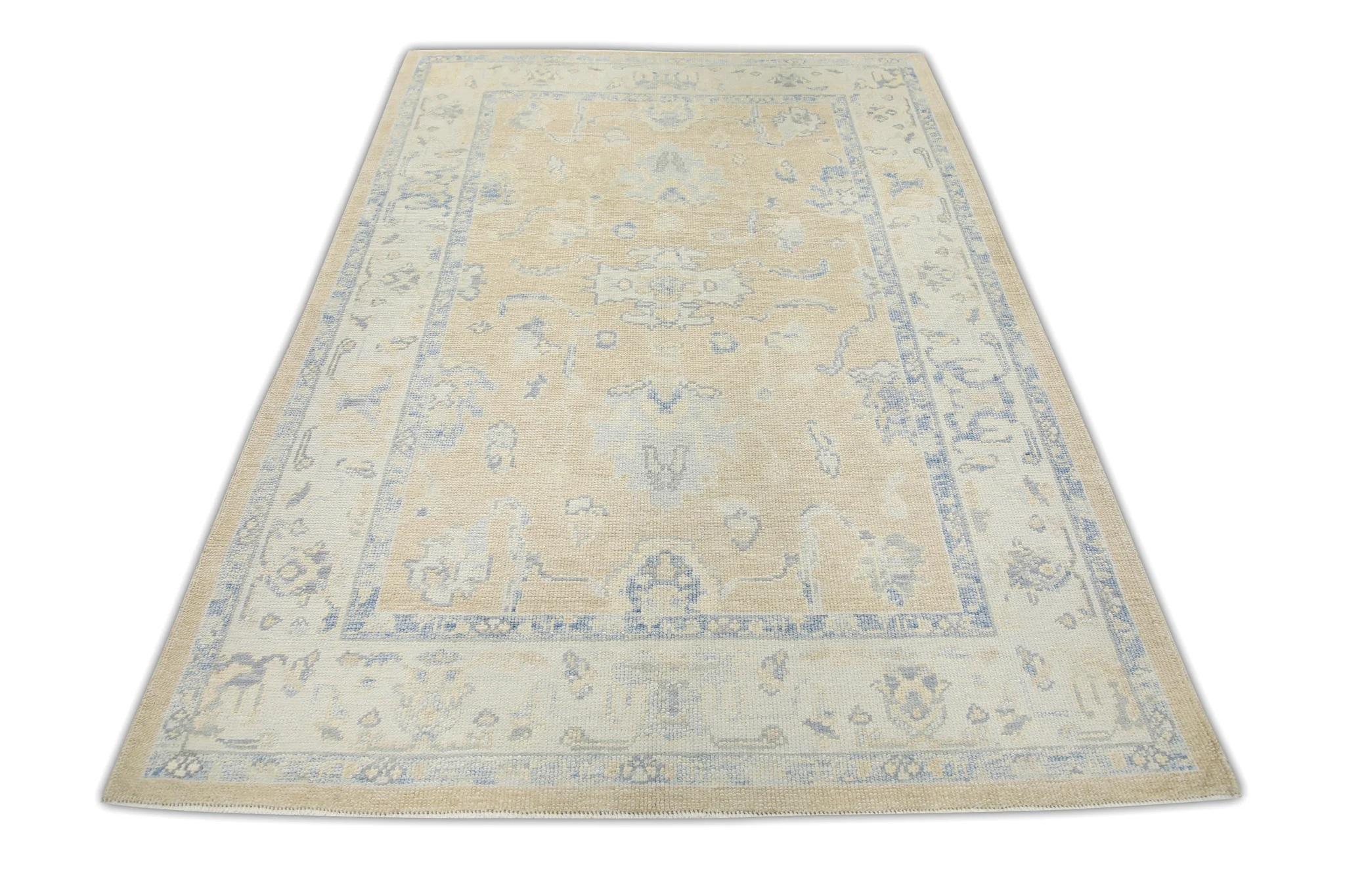Contemporary Yellow Handwoven Wool Turkish Oushak Rug with Blue Floral Pattern 5' x 7' For Sale