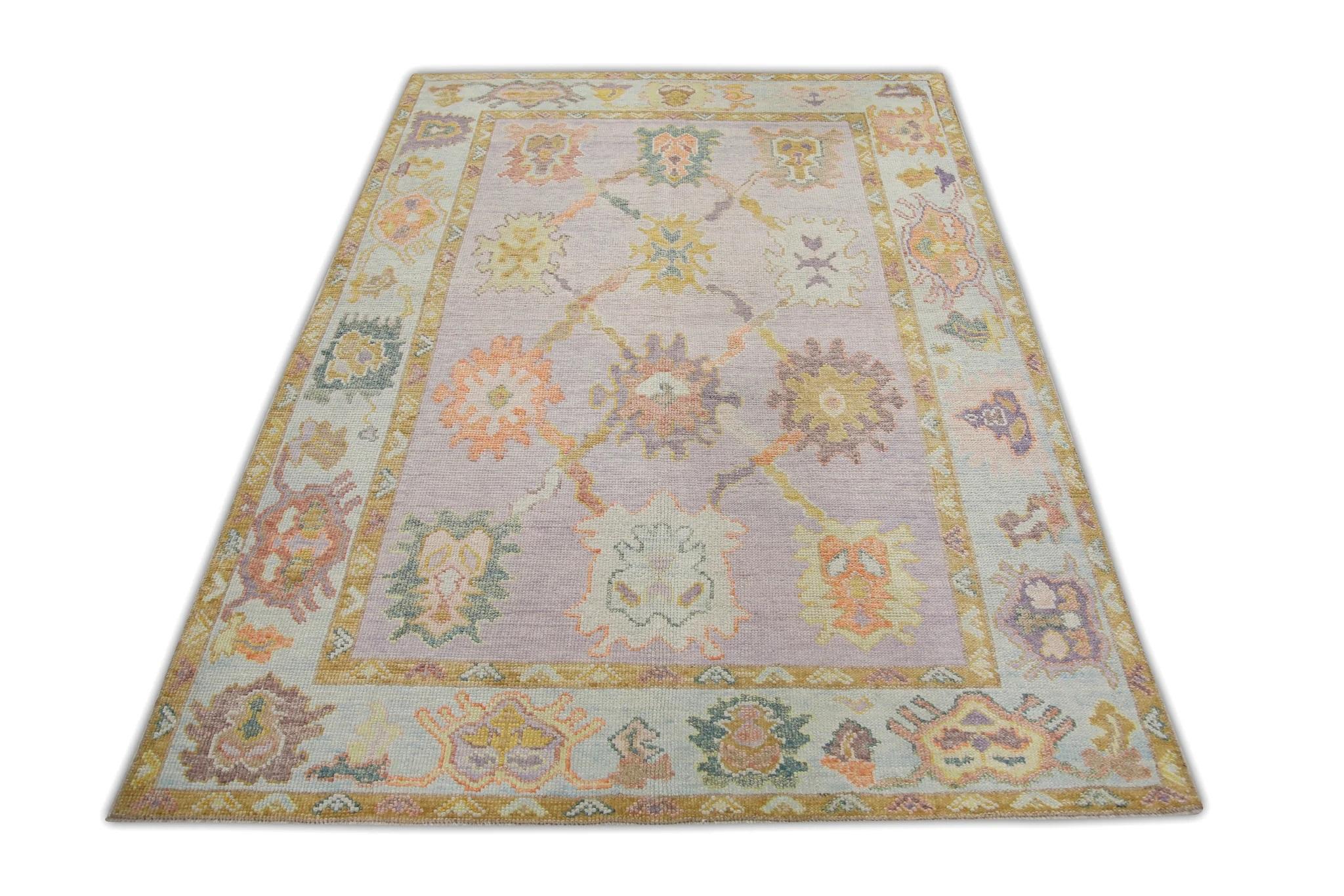 Contemporary Purple Colorful Floral Handwoven Wool Turkish Oushak Rug 4'10