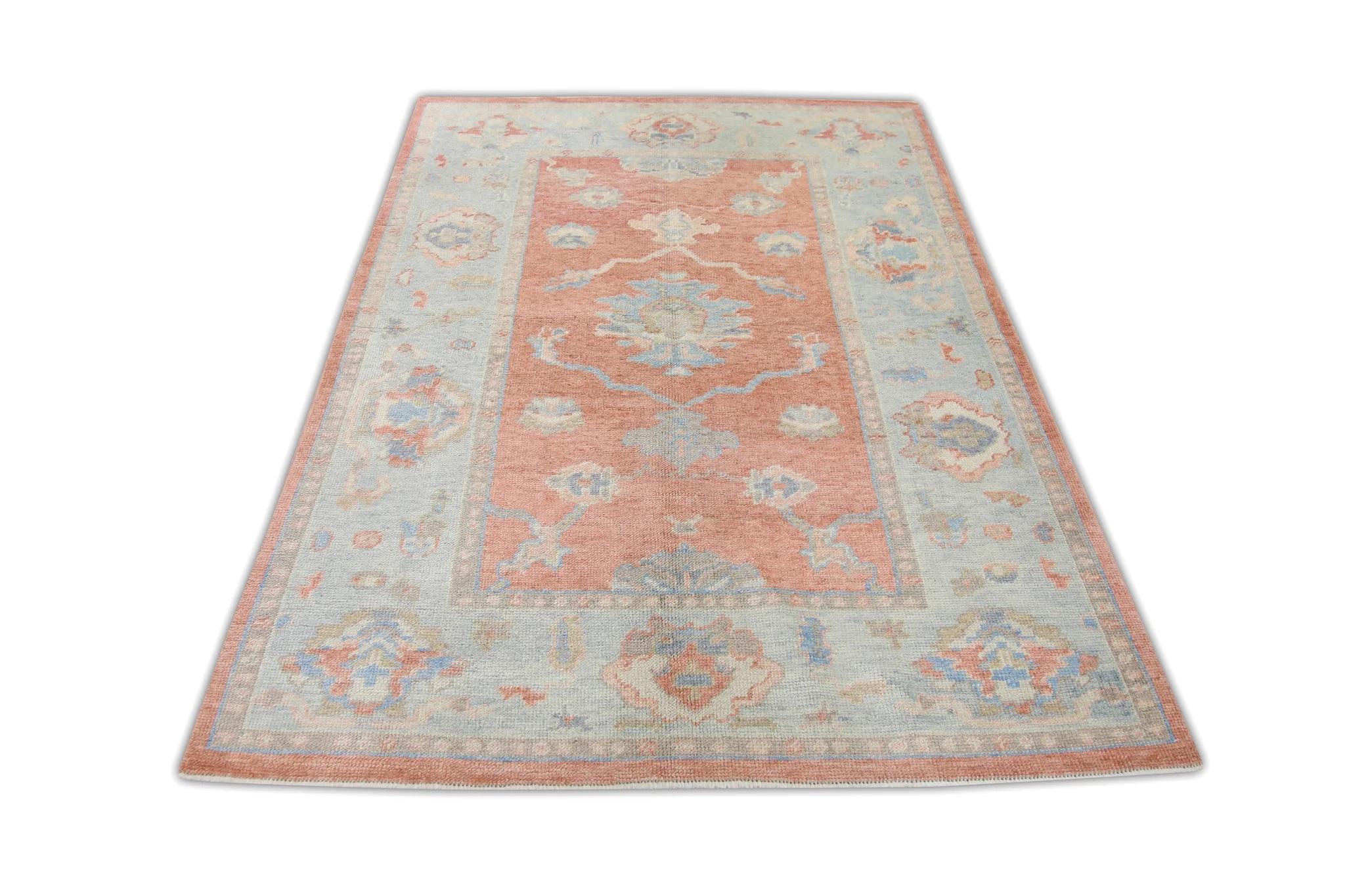 Red Handwoven Wool Turkish Oushak Rug in Blue Floral Pattern 4'9