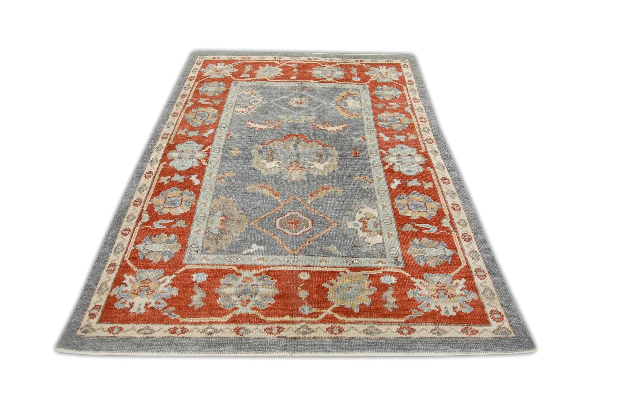 Red and Blue Floral Handwoven Wool Turkish Oushak Rug 4'10