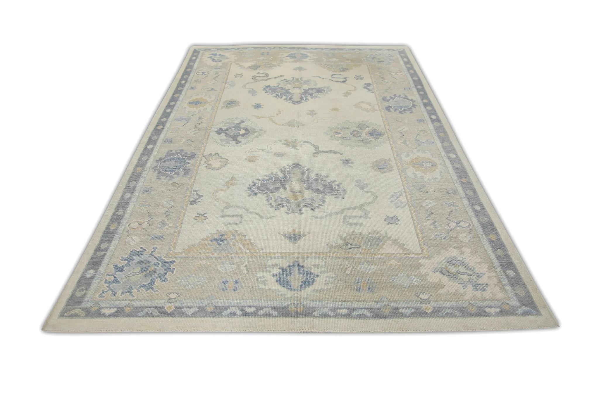 Taupe and Blue Floral Handwoven Wool Turkish Oushak Rug 6' x 8'9
