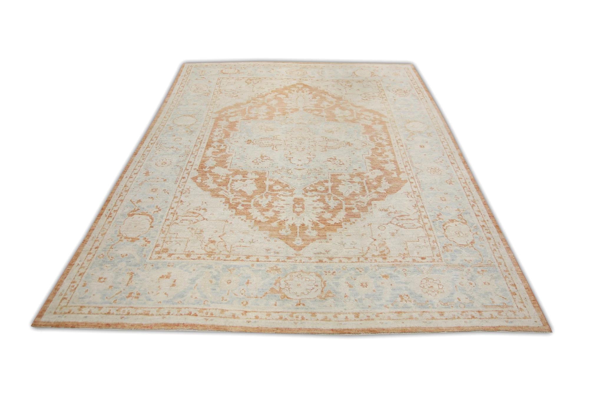 Floral Handwoven Wool Turkish Oushak Rug in Blue and Rust 5'11