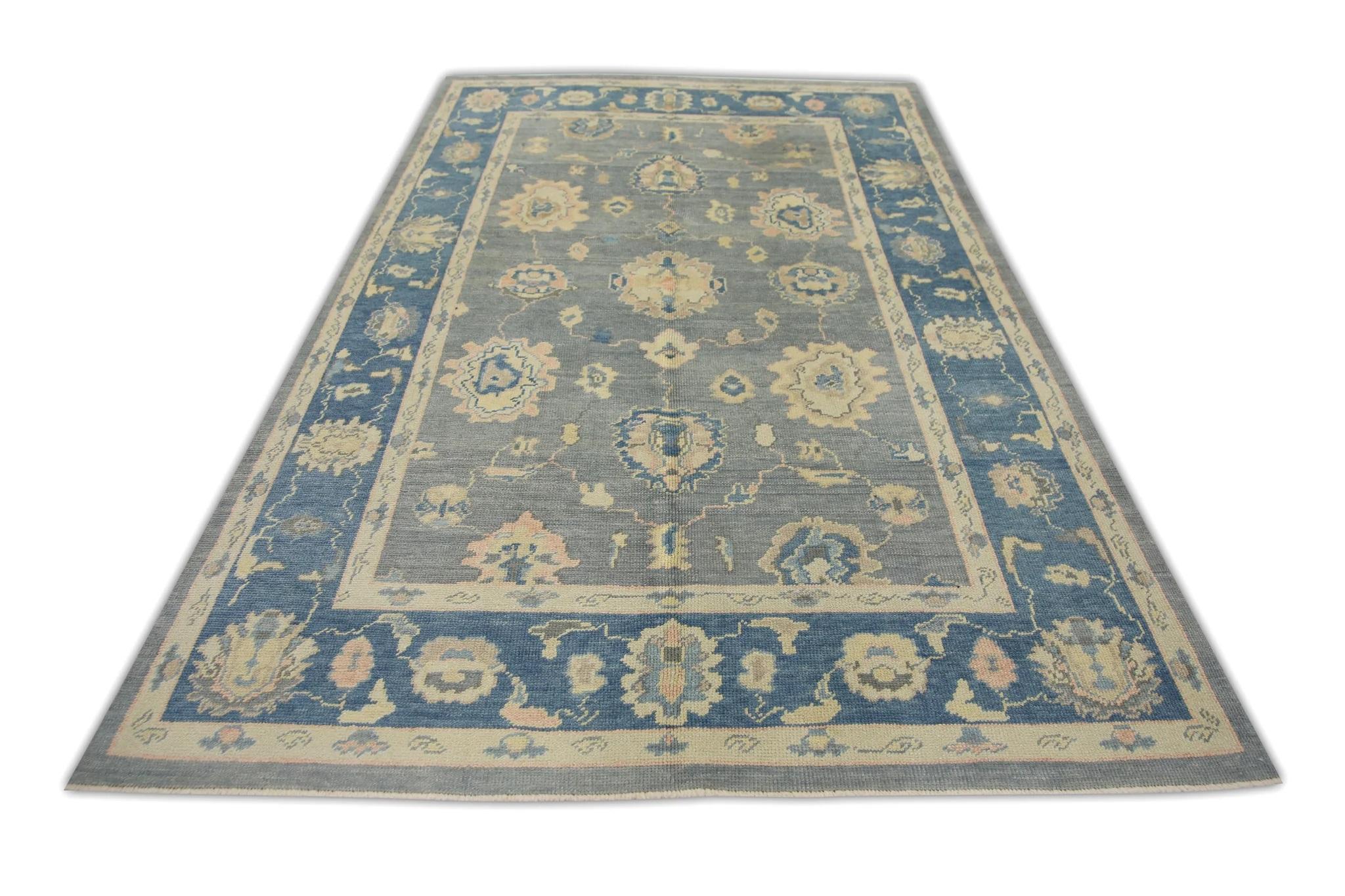 Blue and Pink Floral Handwoven Wool Turkish Oushak Rug 6'2