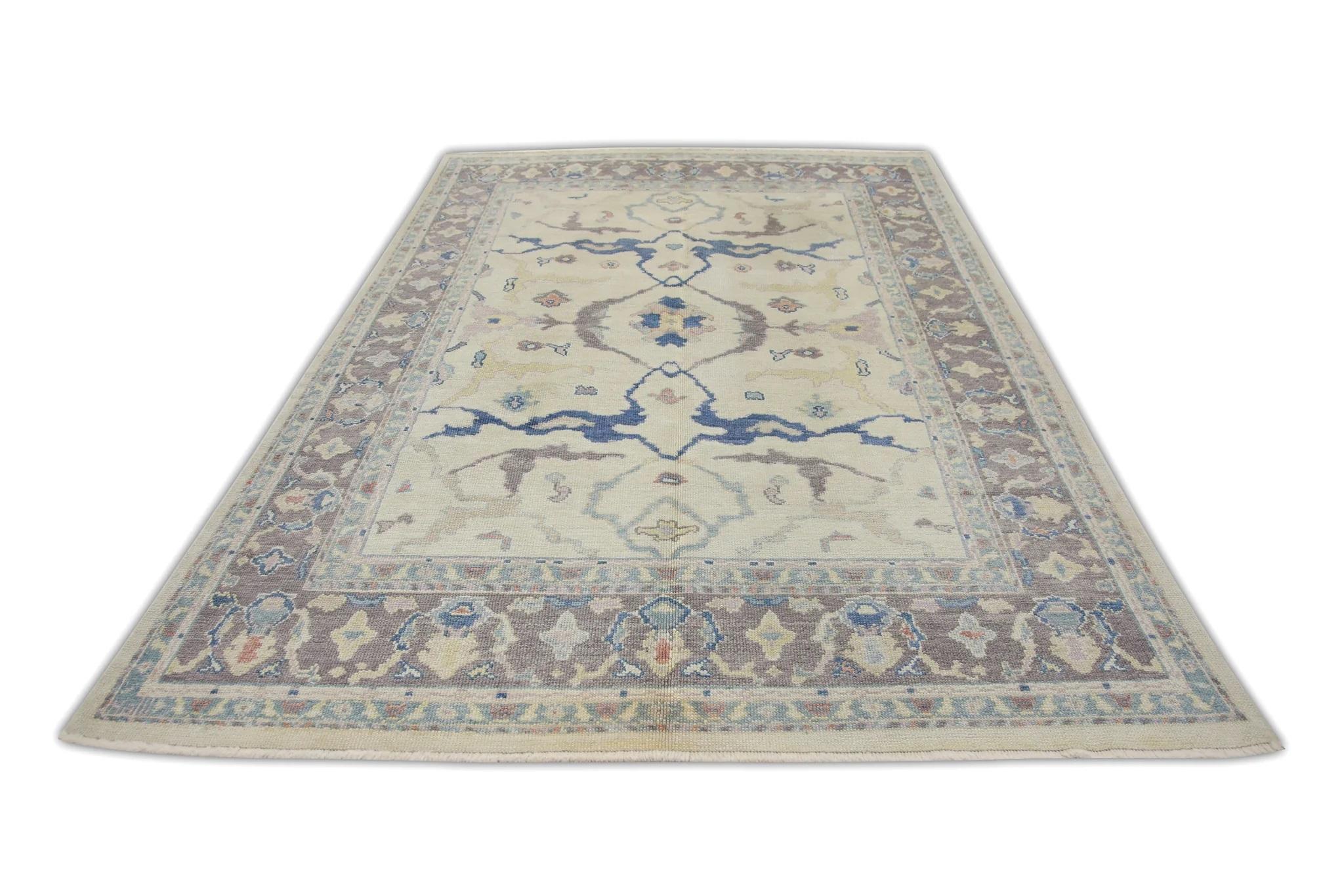 Mauve and Blue Floral Handwoven Wool Turkish Oushak Rug 6'11