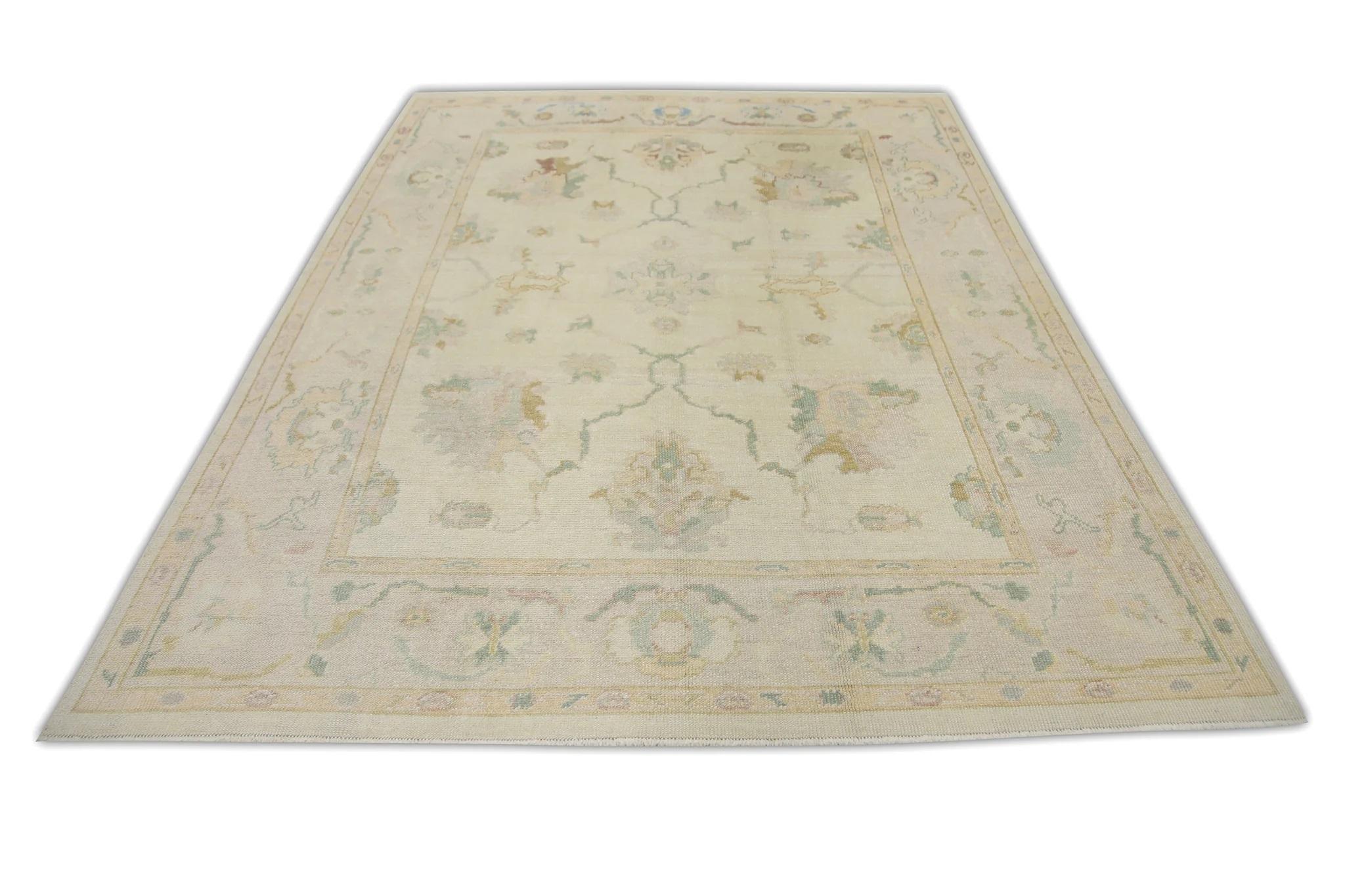 Handwoven Wool Floral Turkish Oushak Rug in Soft Pink, Green, Blue 6'10