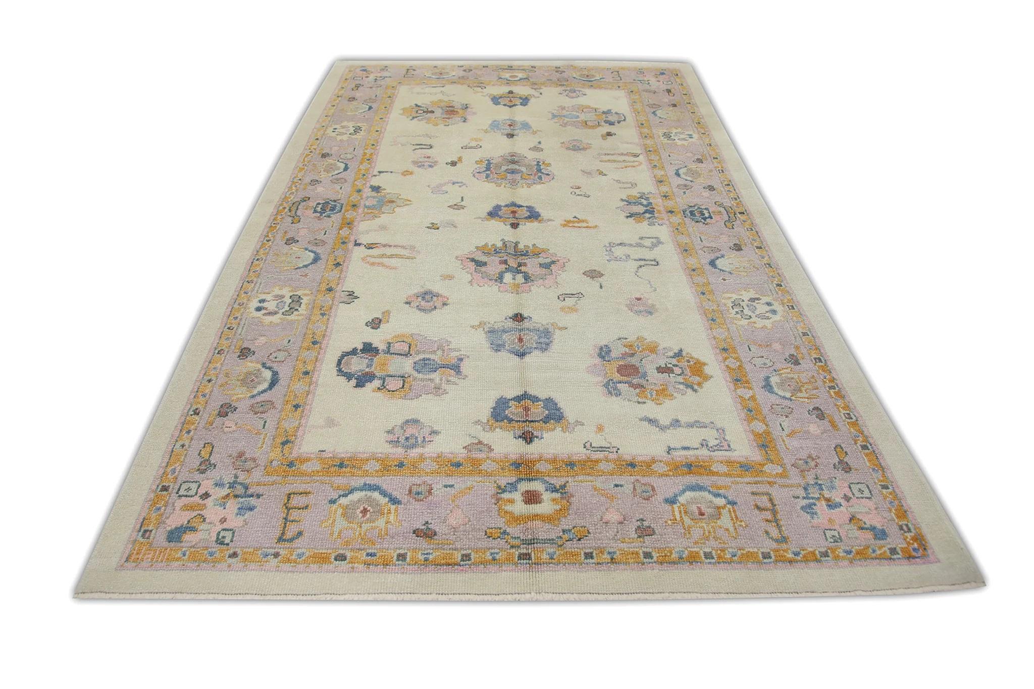 Lilac, Orange, and Blue Floral Handwoven Wool Turkish Oushak Rug 6'2