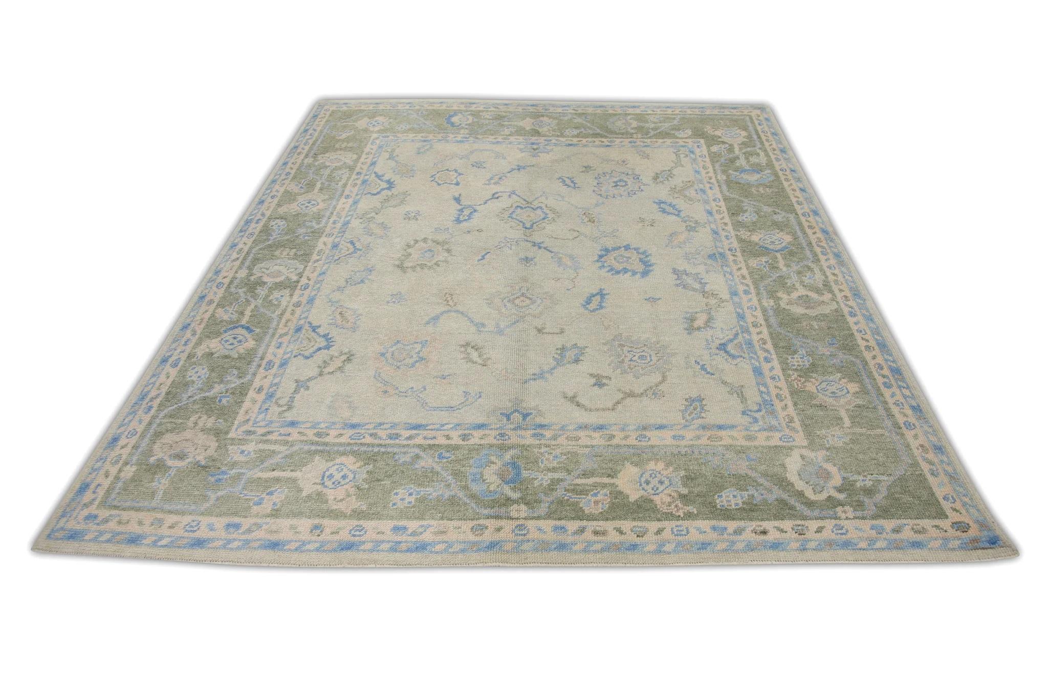 Green and Blue Floral Pattern Handwoven Wool Turkish Oushak Rug 6'10