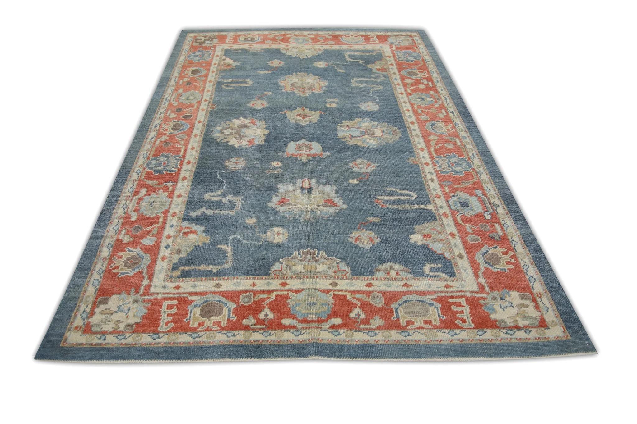 Red and Blue Floral Handwoven Wool Turkish Oushak Rug 6' x 8'6