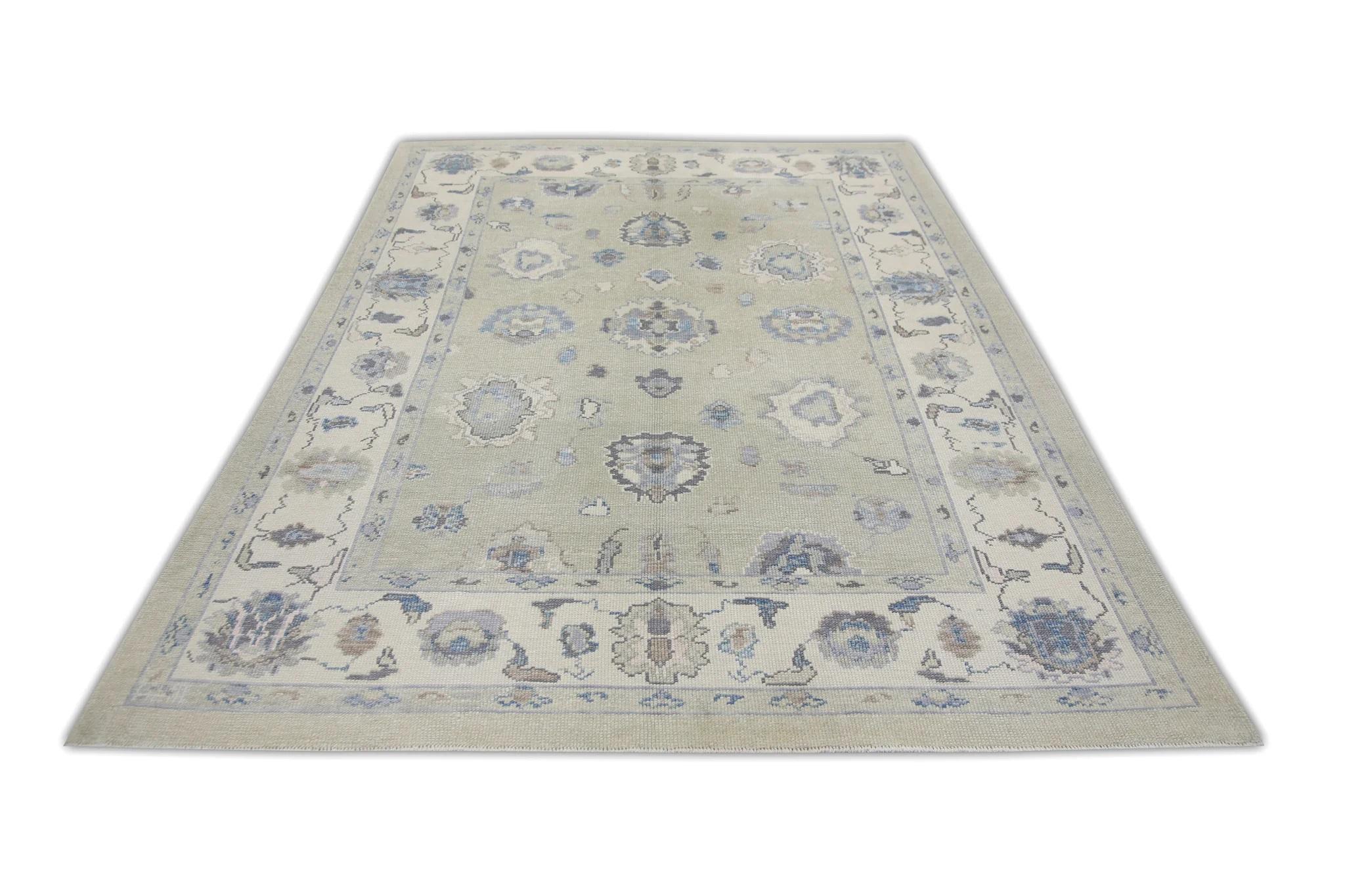 Pale Green Handwoven Wool Turkish Oushak Rug w/ Blue Floral Pattern 6'1