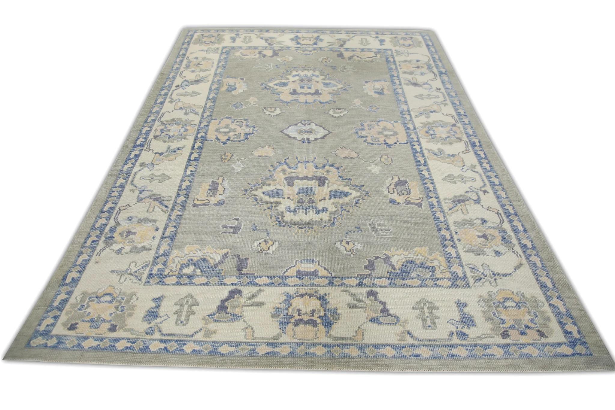 Green and Blue Floral Handwoven Wool Turkish Oushak Rug 6' x 8'4