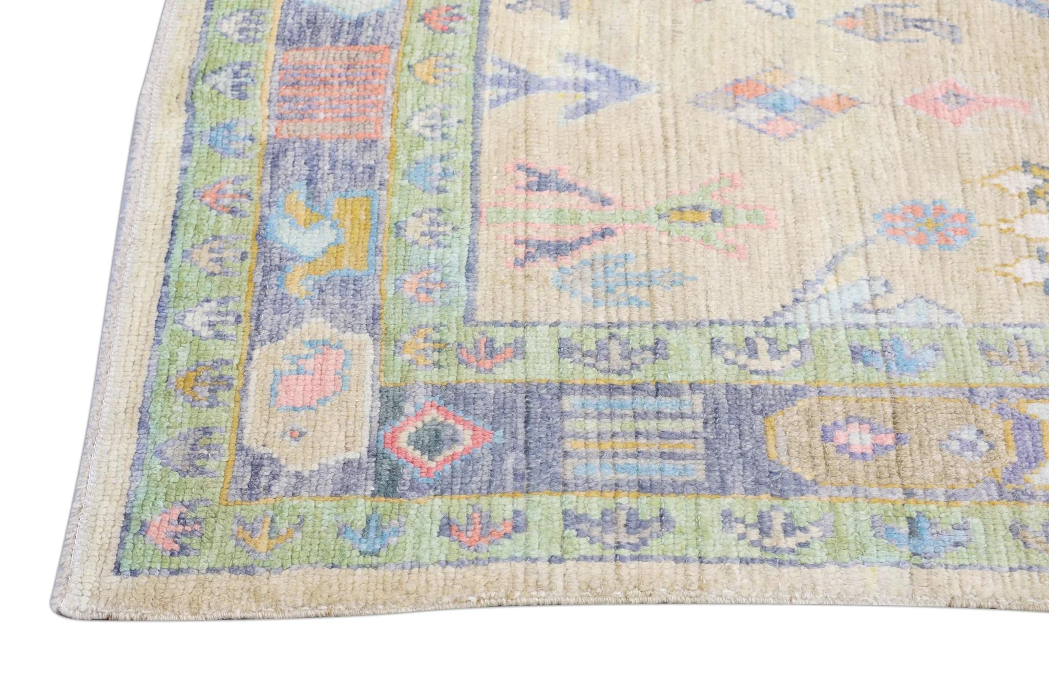 Pale Yellow Handwoven Wool Turkish Oushak Rug w/ Colorful Floral Pattern 5'7x 7' For Sale 1